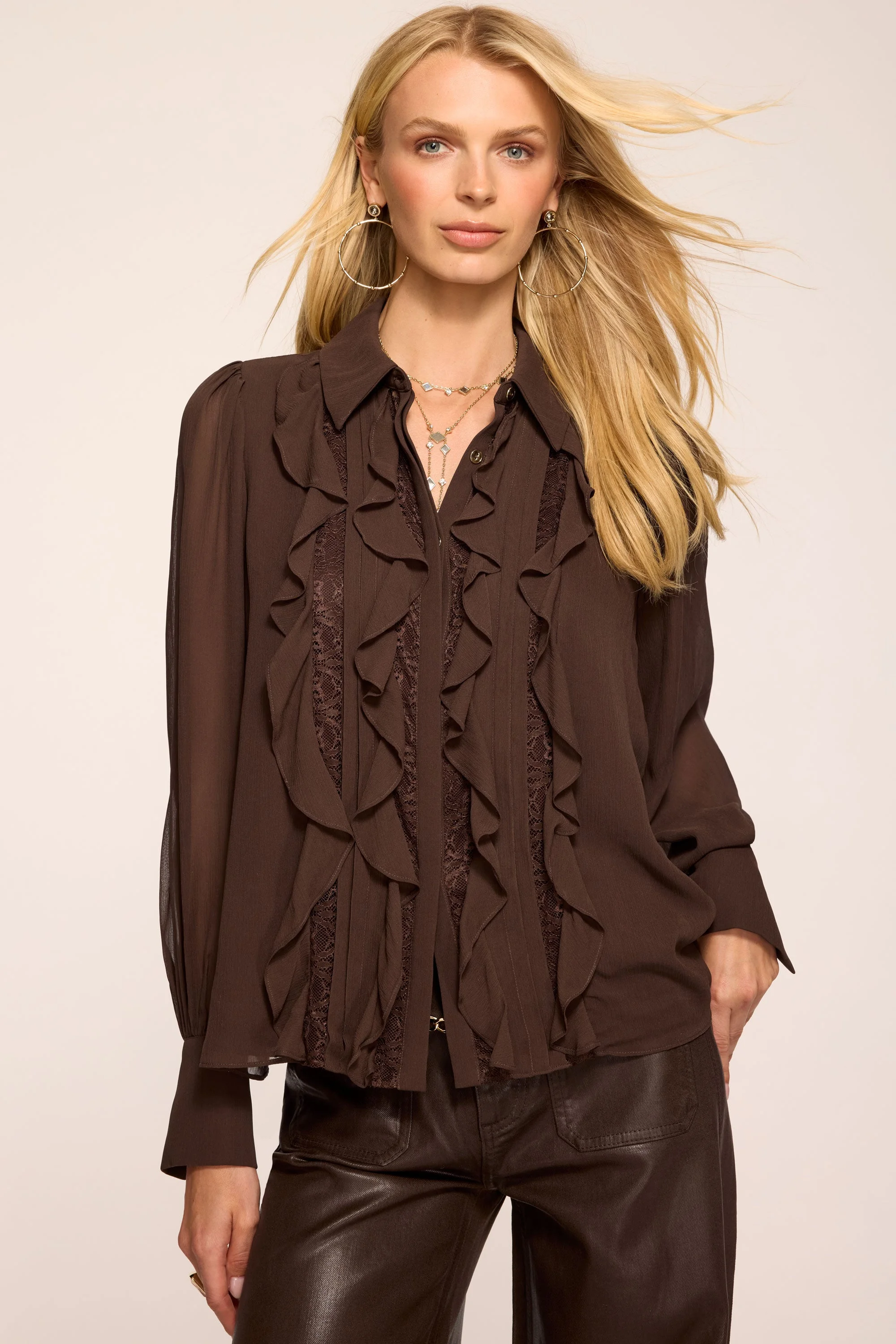 Claire Ruffled Long Sleeve Blouse | HERITAGE BROWN - 1