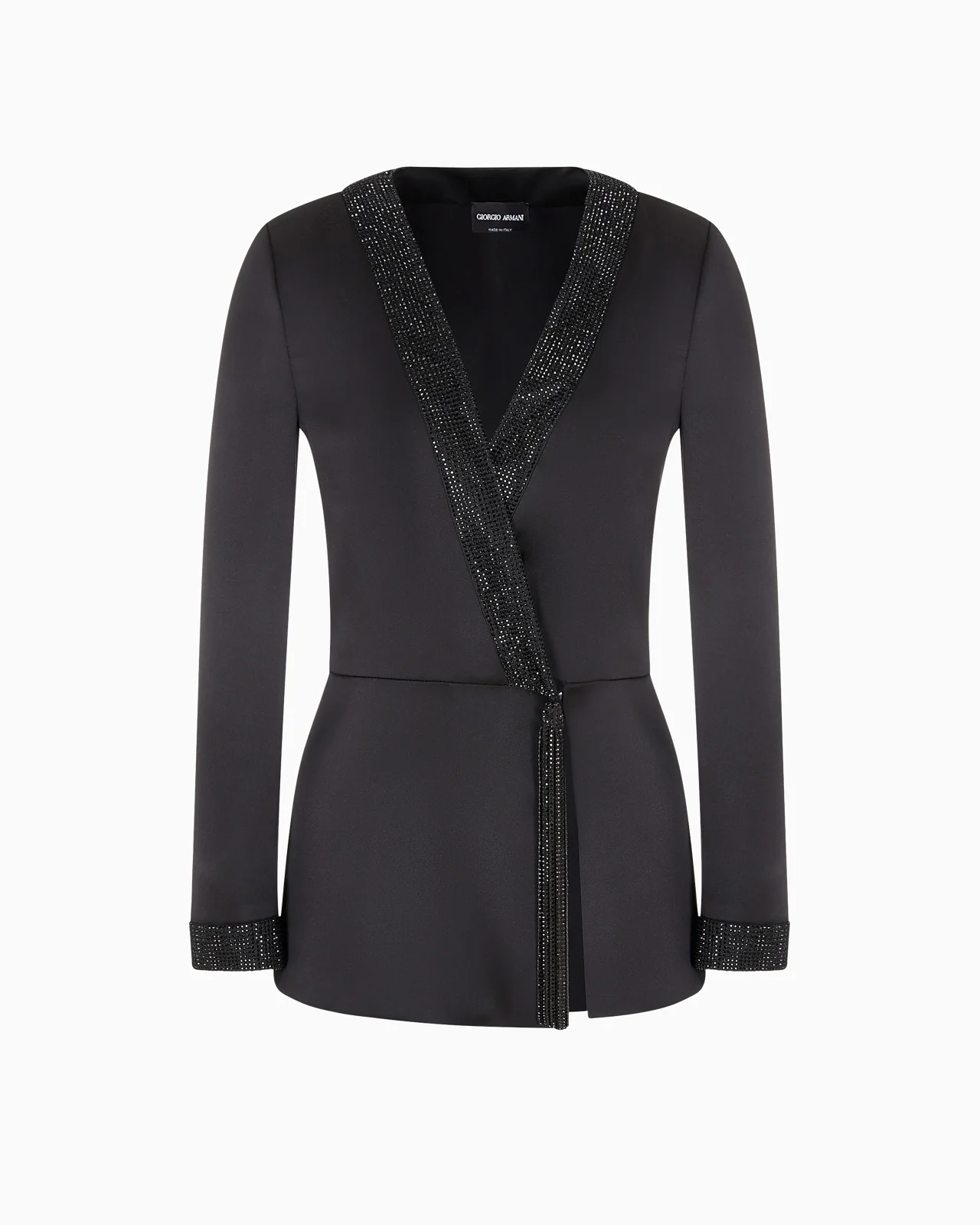 LONG SATIN JACKET WITH RHINESTONE AND CRYSTAL TRIM - 1