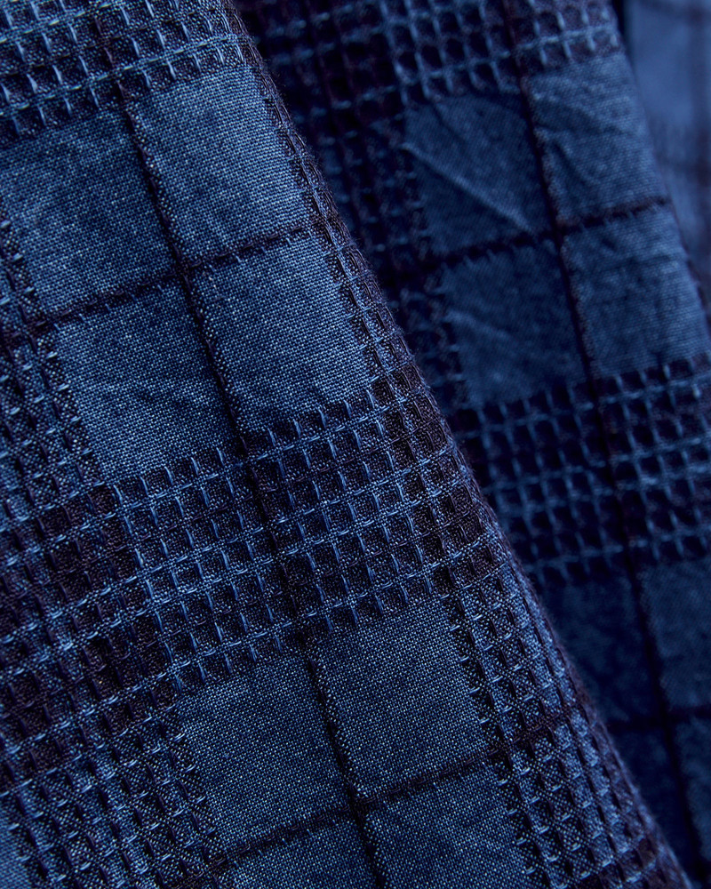 BEAMS PLUS MIL Dobby Plaid Open Collar Shirt in Indigo outlook