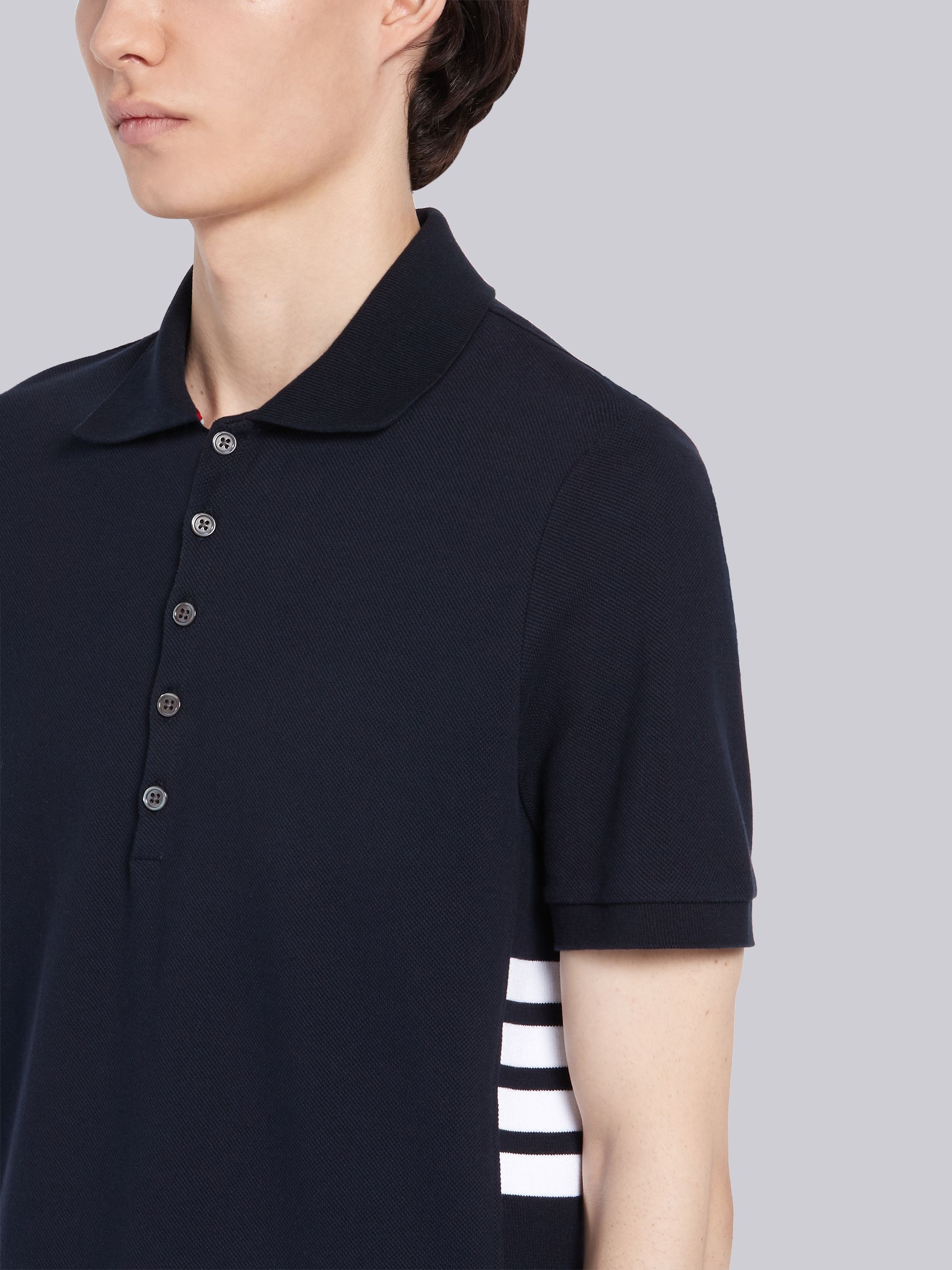 Navy Classic Cotton Pique Side Insert 4-Bar Polo - 5