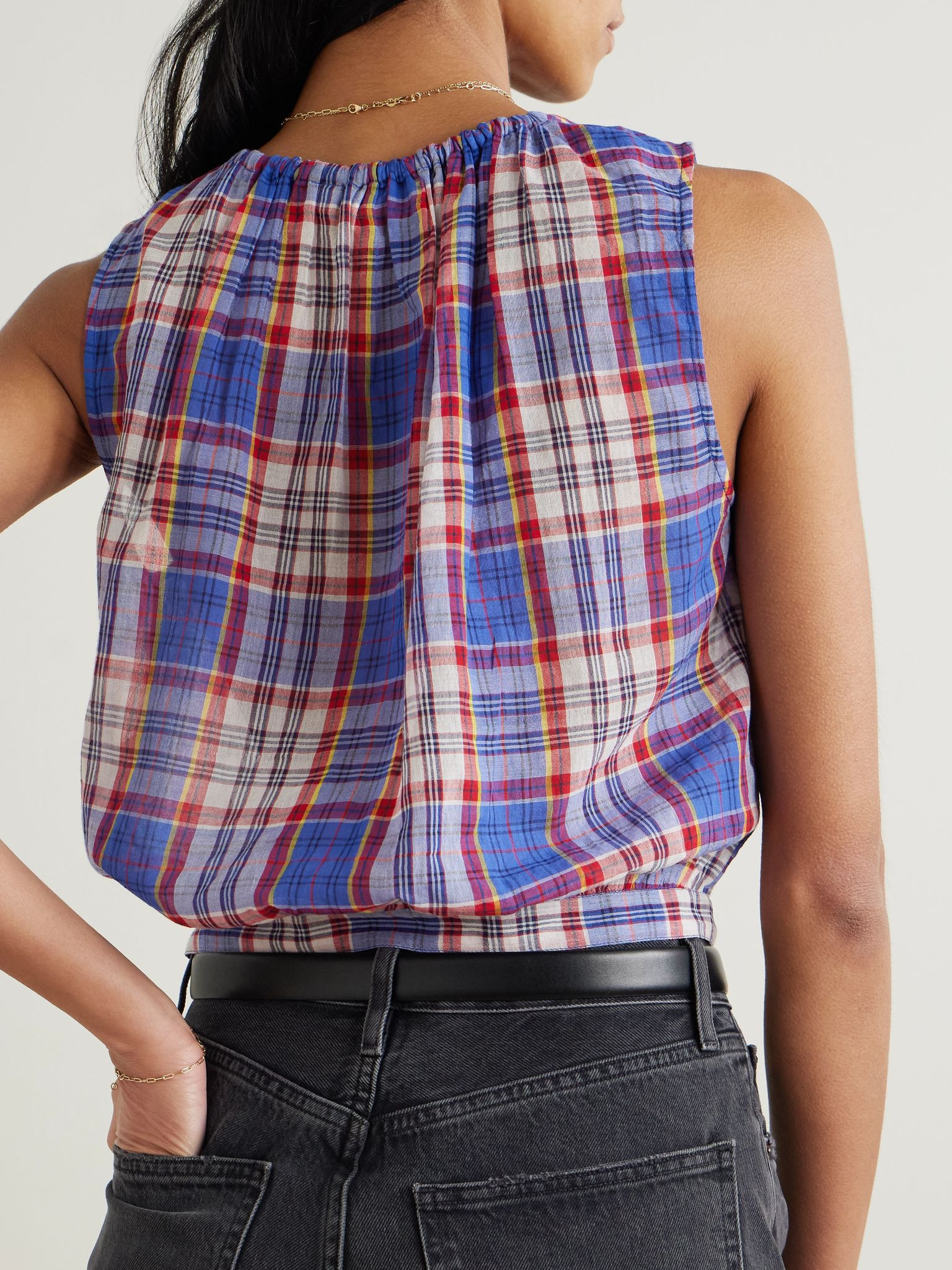 Theo tie-neck checked cotton-voile top Blue - 3