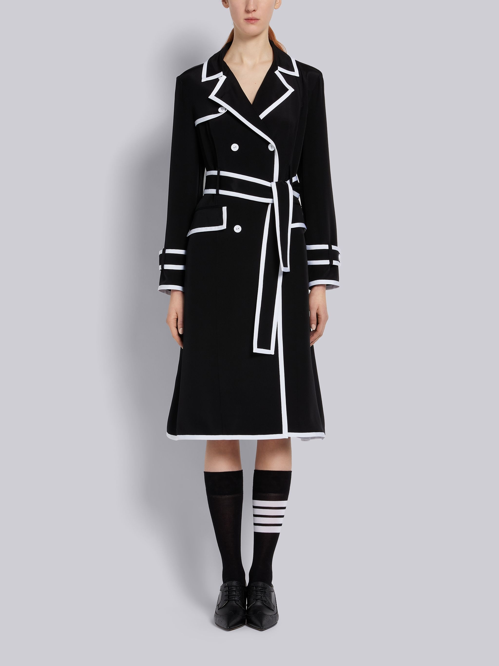 Black Double Crepe Silk Grosgrain Tip Trenchcoat Dress - 1