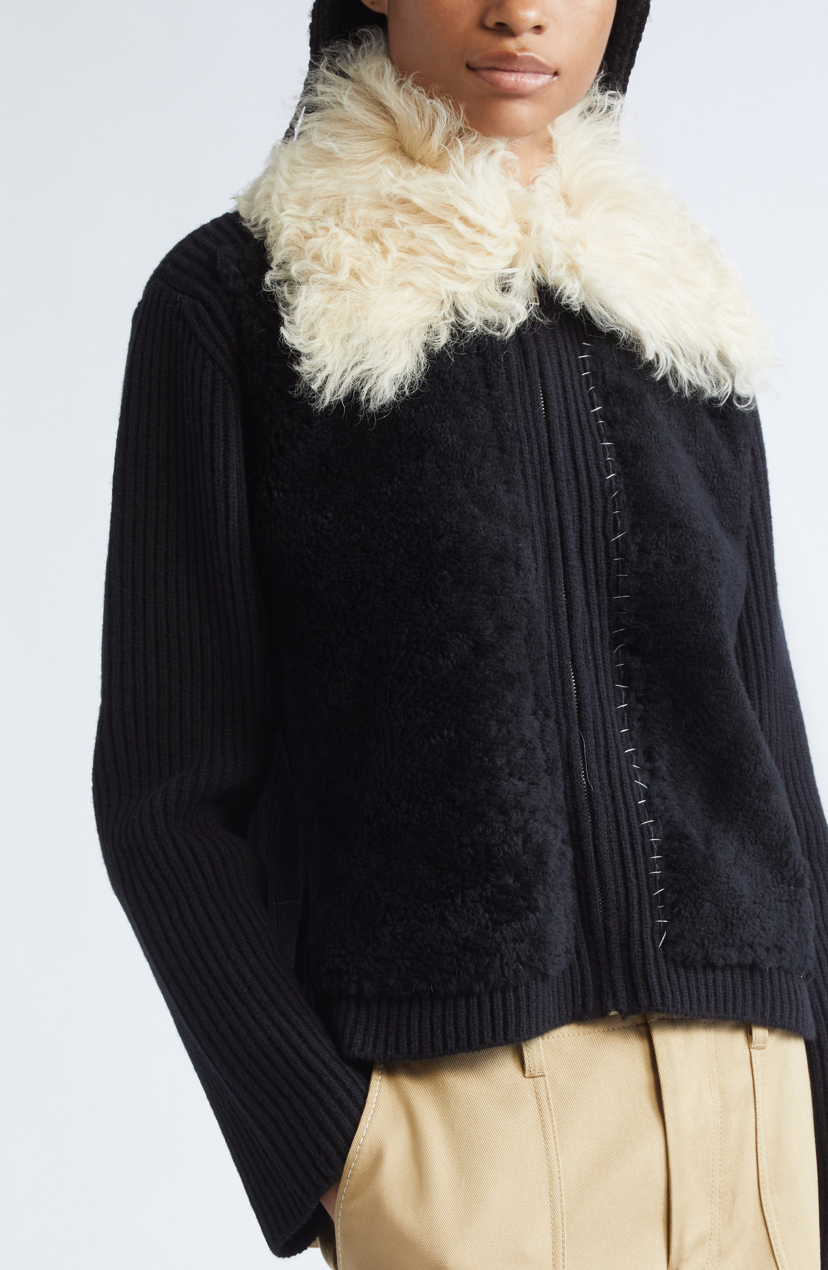Marni Genuine Shearling & Virgin Wool Cardigan in Black at Nordstrom - 5