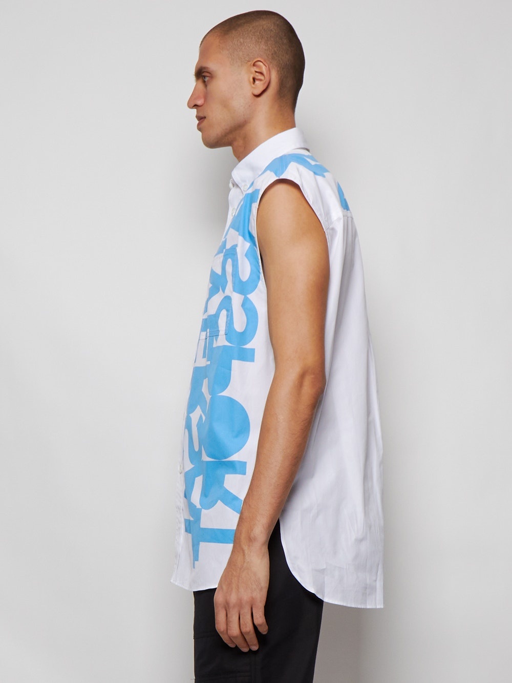 Sleeveless Slogan Print Cotton Poplin Shirt Blue Topaz - 4