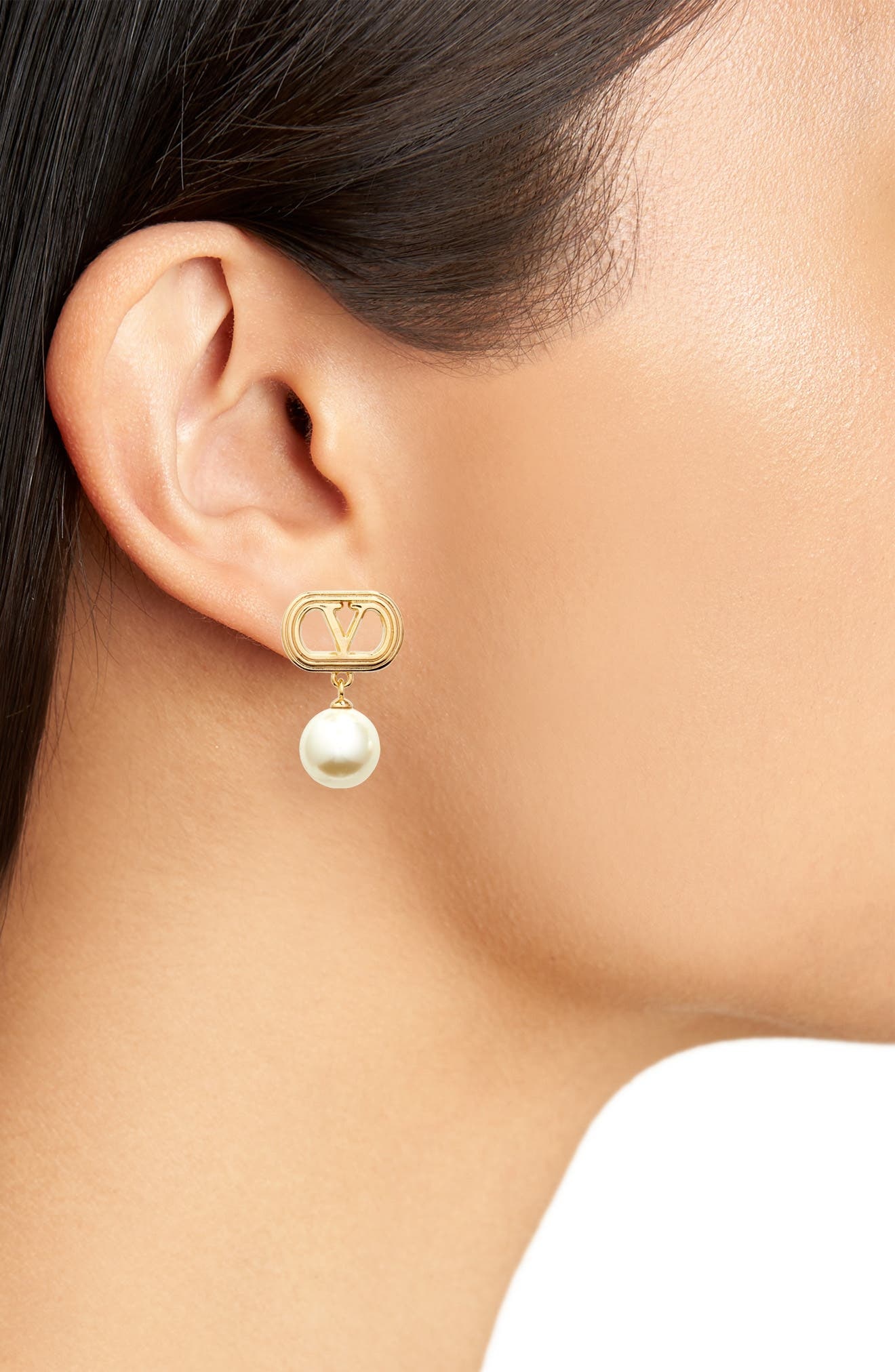 Valentino Garavani Ovalette VLOGO Swarovski® Faux Pearl Drop Earrings in Yellow Gold at Nordstrom - 2