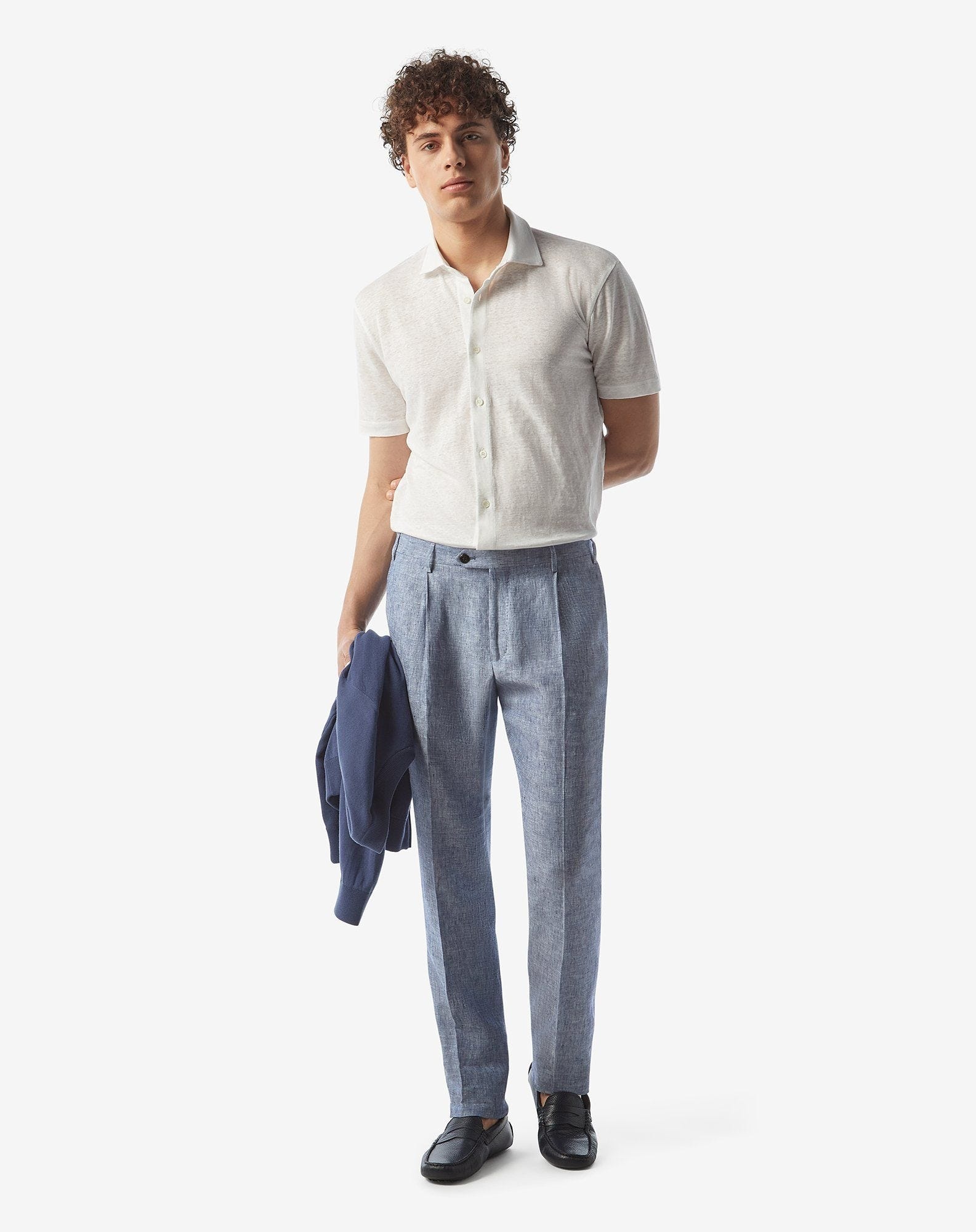 Single-dart denim blue trousers made from pure linen chambray - 2