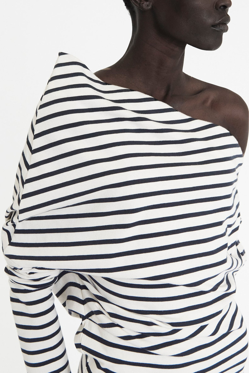 OFF SHOULDER ASYMMETRIC DRESS WHITE NAVY STRIPE 5