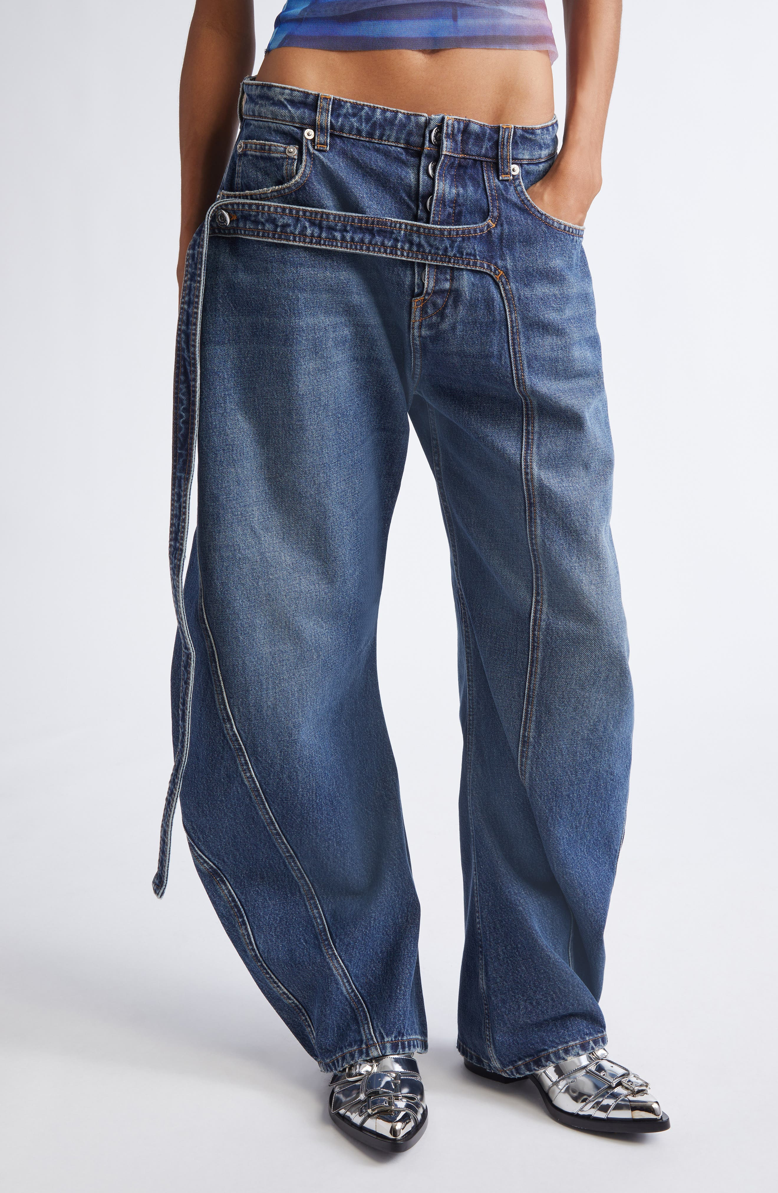 Jean Paul Gaultier Strap Detail Wide Leg Jeans in Vintage Blue at Nordstrom - 1