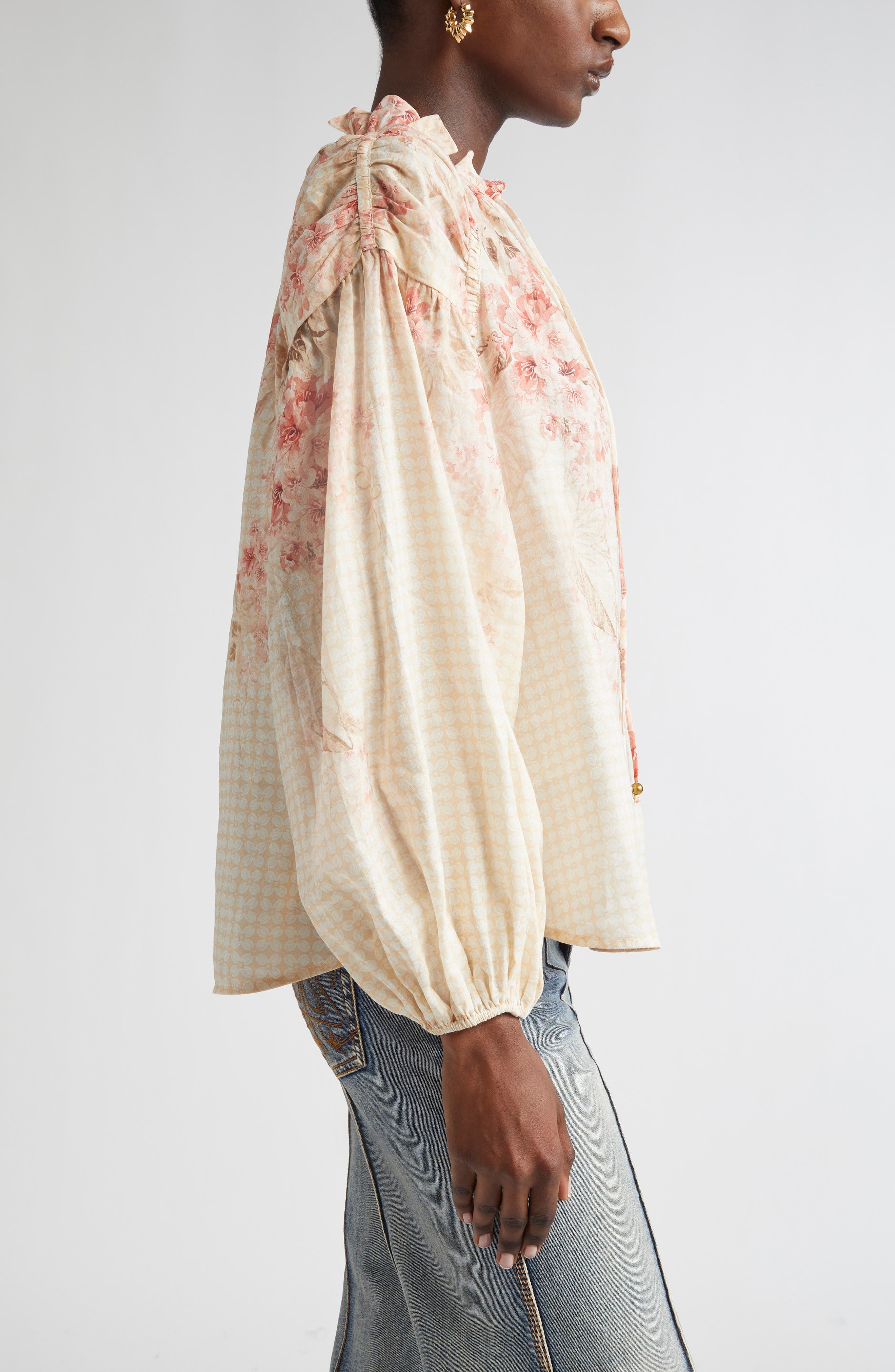Zimmermann Tropical Floral Billow Ramie Shirt in Coral Floral at Nordstrom - 3
