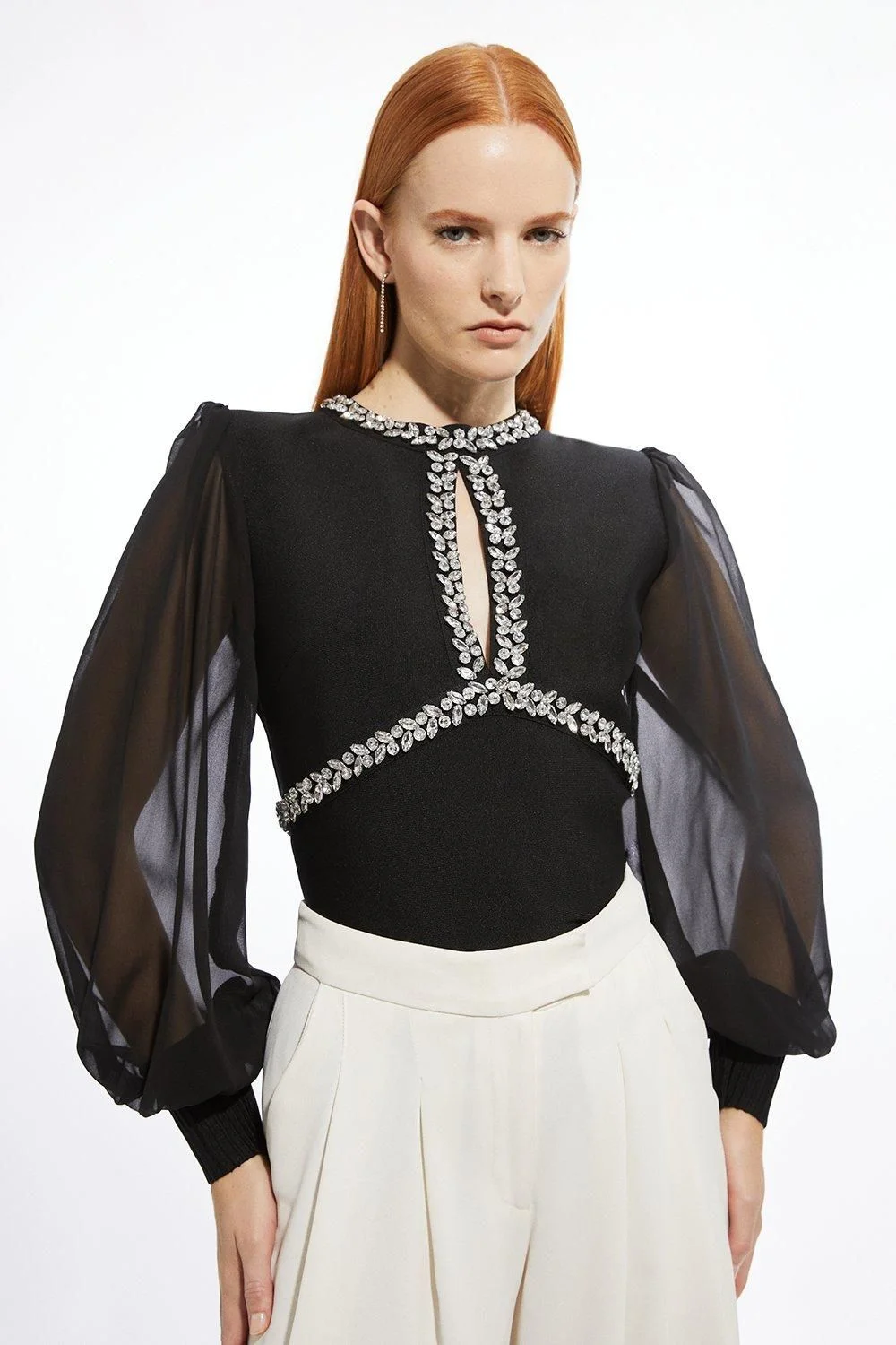 Bandage Embellished And Chiffon Sleeve Figure Form Knit Top - 1