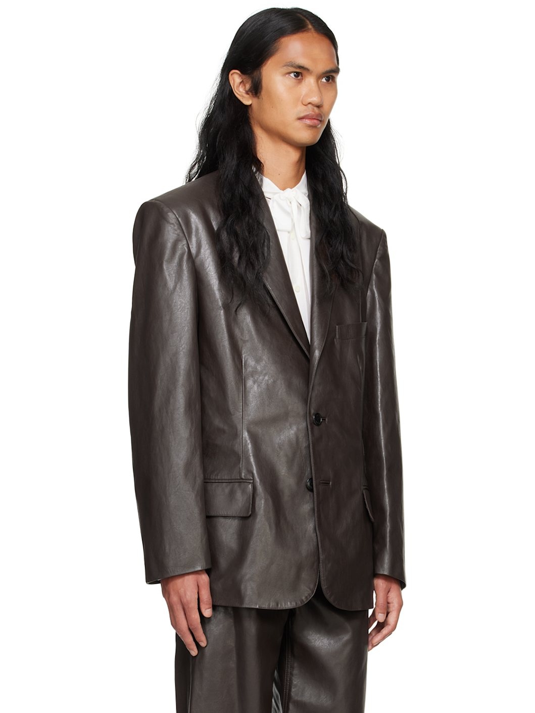 Brown Button Faux-Leather Blazer - 2