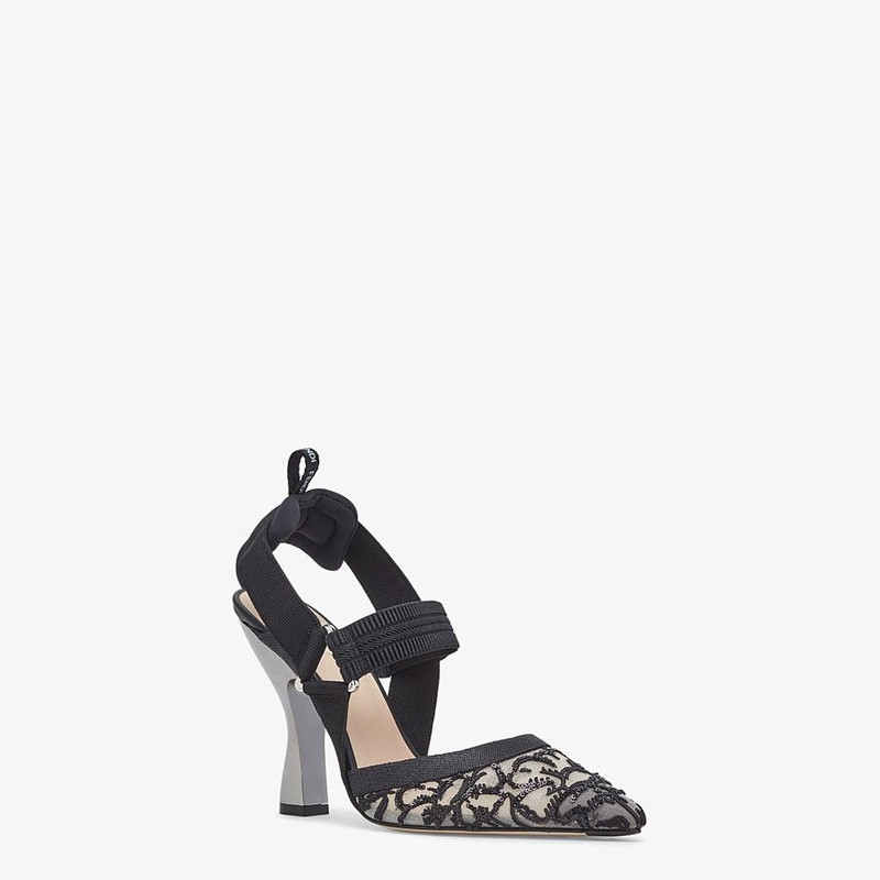 FENDI Black embroidered mesh high-heeled slingbacks outlook