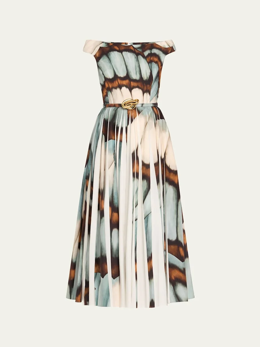 Off-The-Shoulder Butterfly Poplin Pleated Midi Dress With Belt - 1
