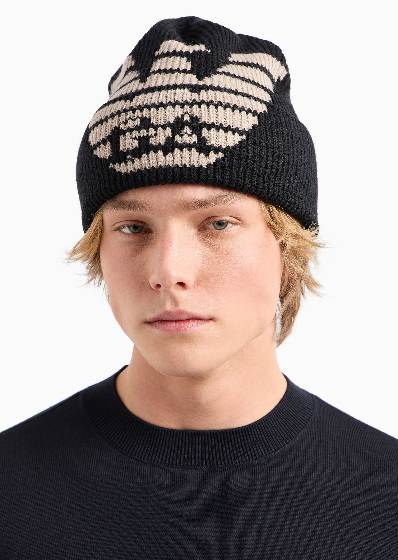 Ribbed wool-blend beanie with oversized jacquard eagle - 3