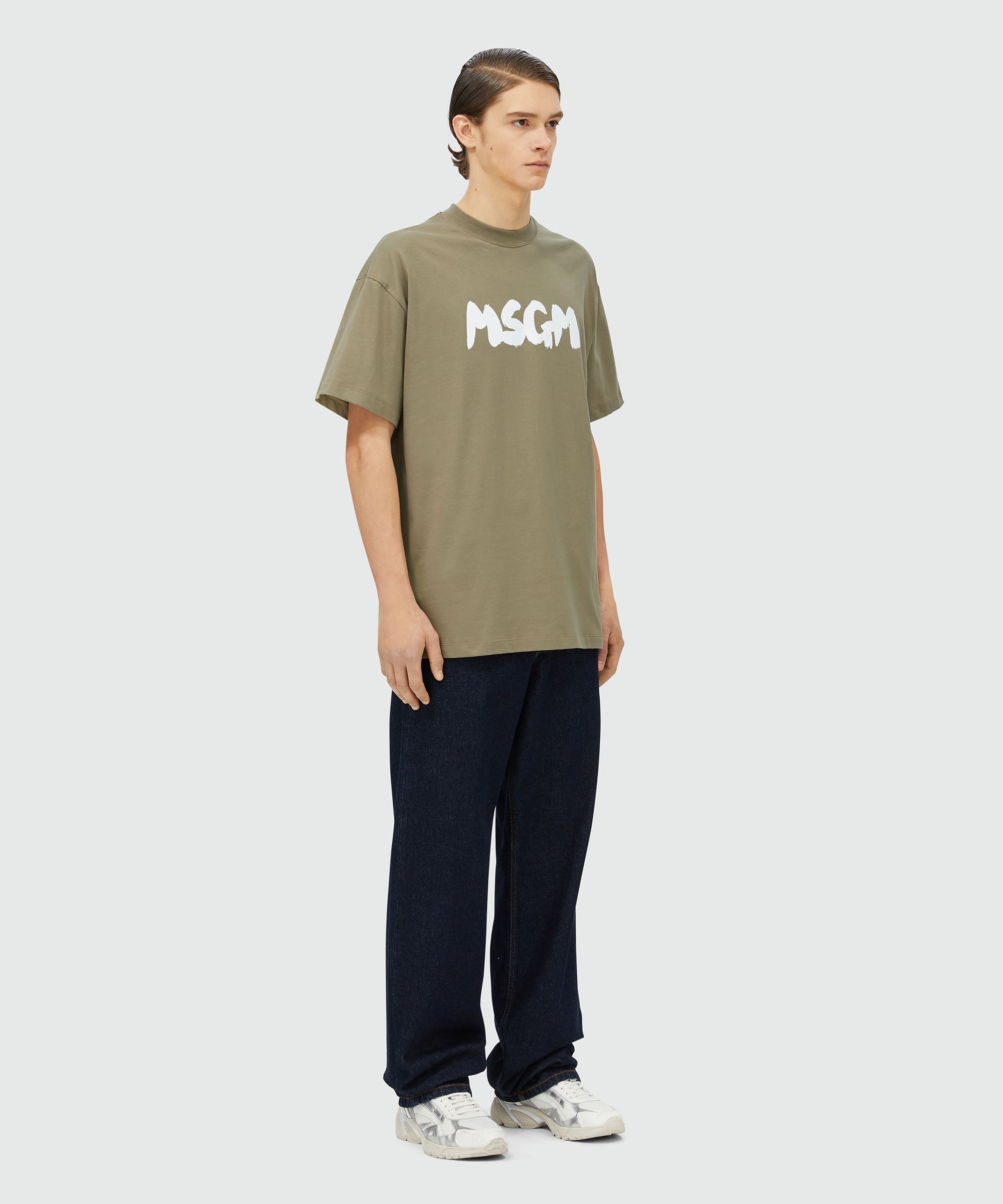 Military green jersey T-shirt with brushstroke logo - 4