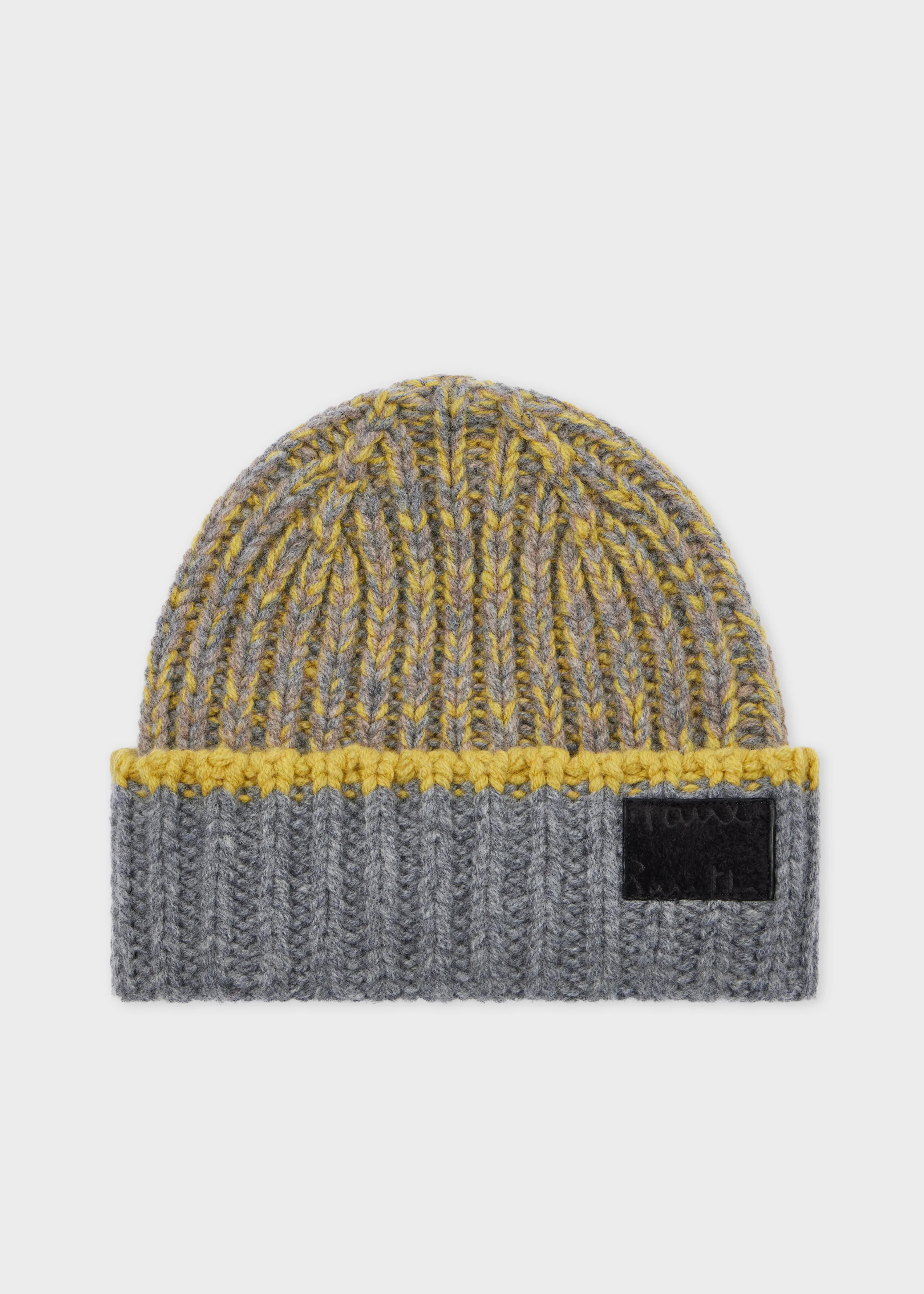 Lambswool Grey and Yellow Chunky Rib Beanie - 1