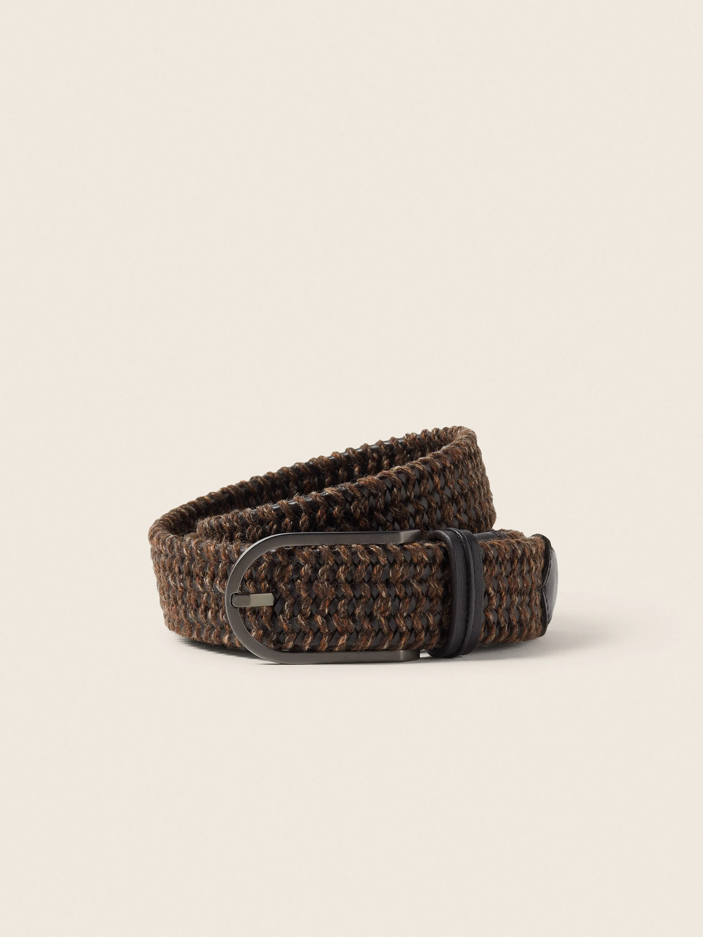 DARK BROWN LEATHER AND WOOL BLEND BELT - 1