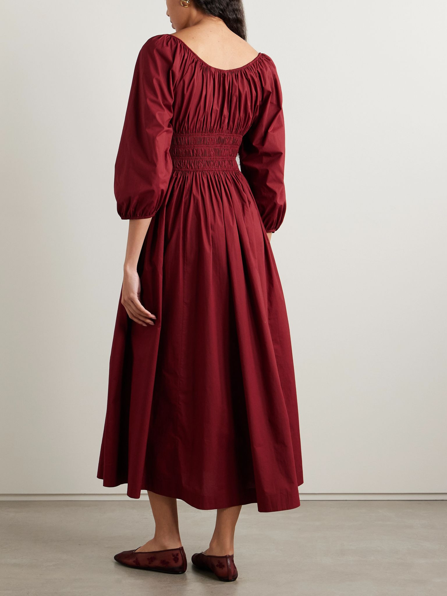 Quintessa tie-detailed shirred organic cotton-poplin midi dress Burgundy - 3