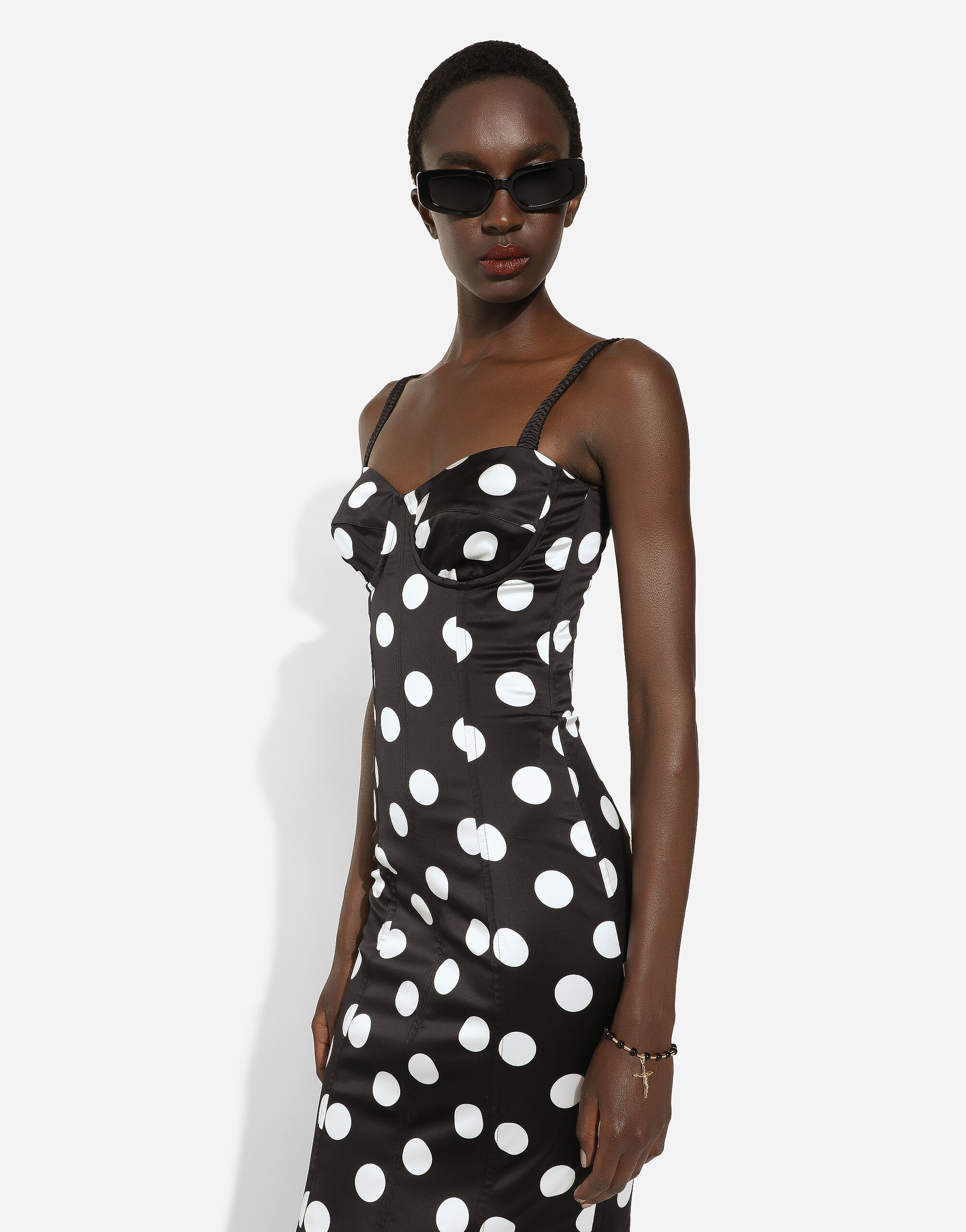 Satin midi dress with polka-dot print and corset details - 4
