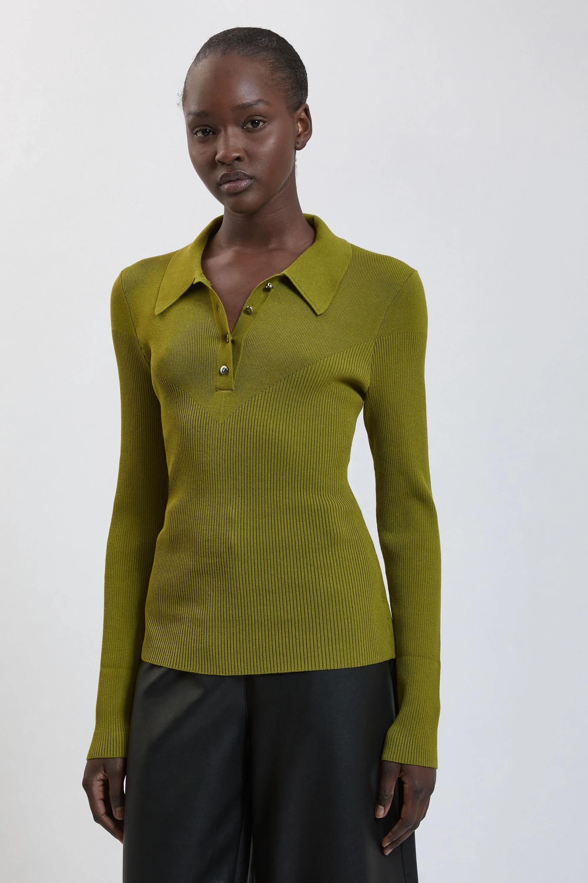 Rib Knitted Collar Detail Polo Top - 1