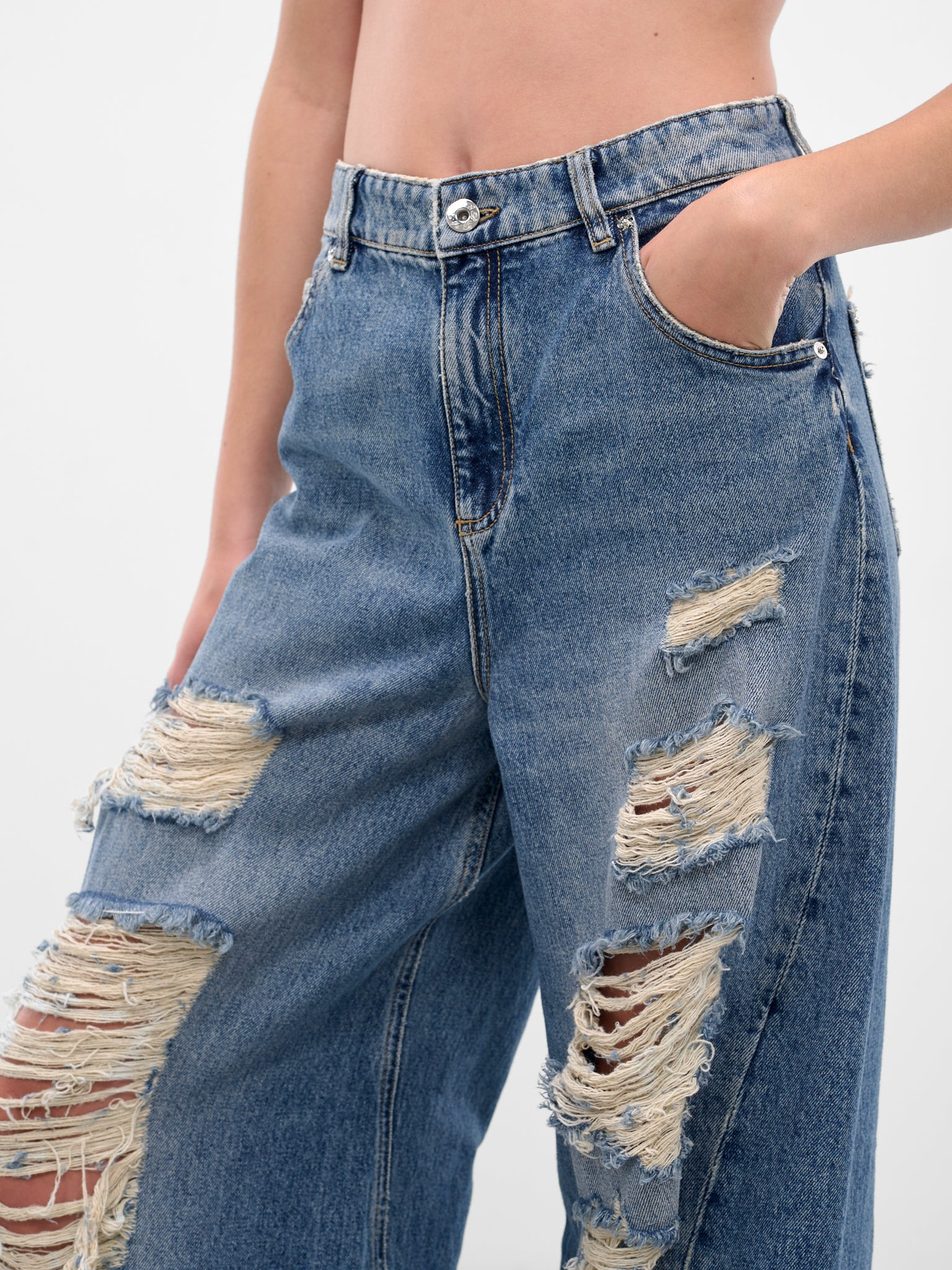 Blue Distressed Boyfriend Wide Jeans - 5