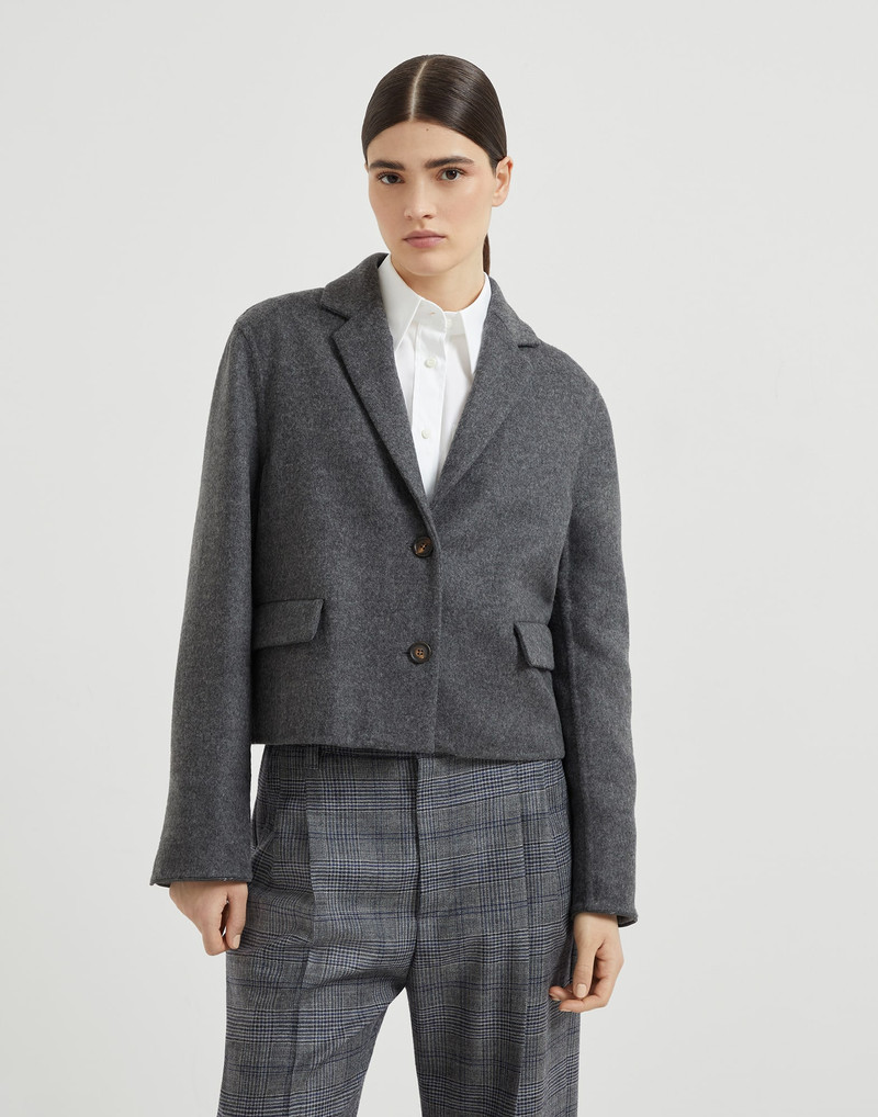 Hand-crafted virgin wool double cloth cropped blazer with shiny cuffs 1
