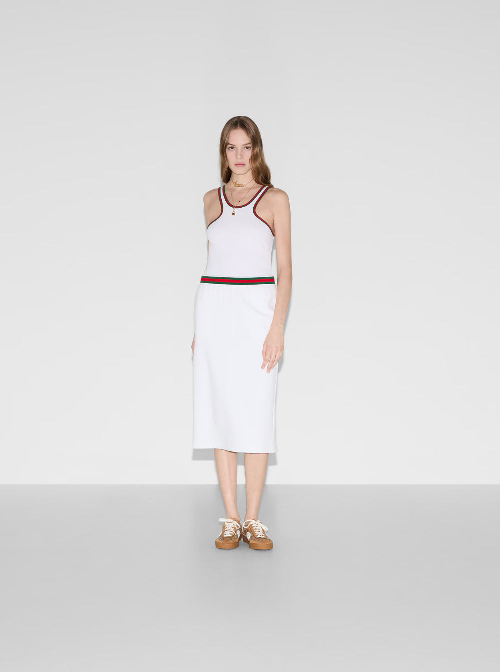Gucci Women White Skirt With Web Detail On The Waist And Logo Lettering Embroidery On The Front In C - 4