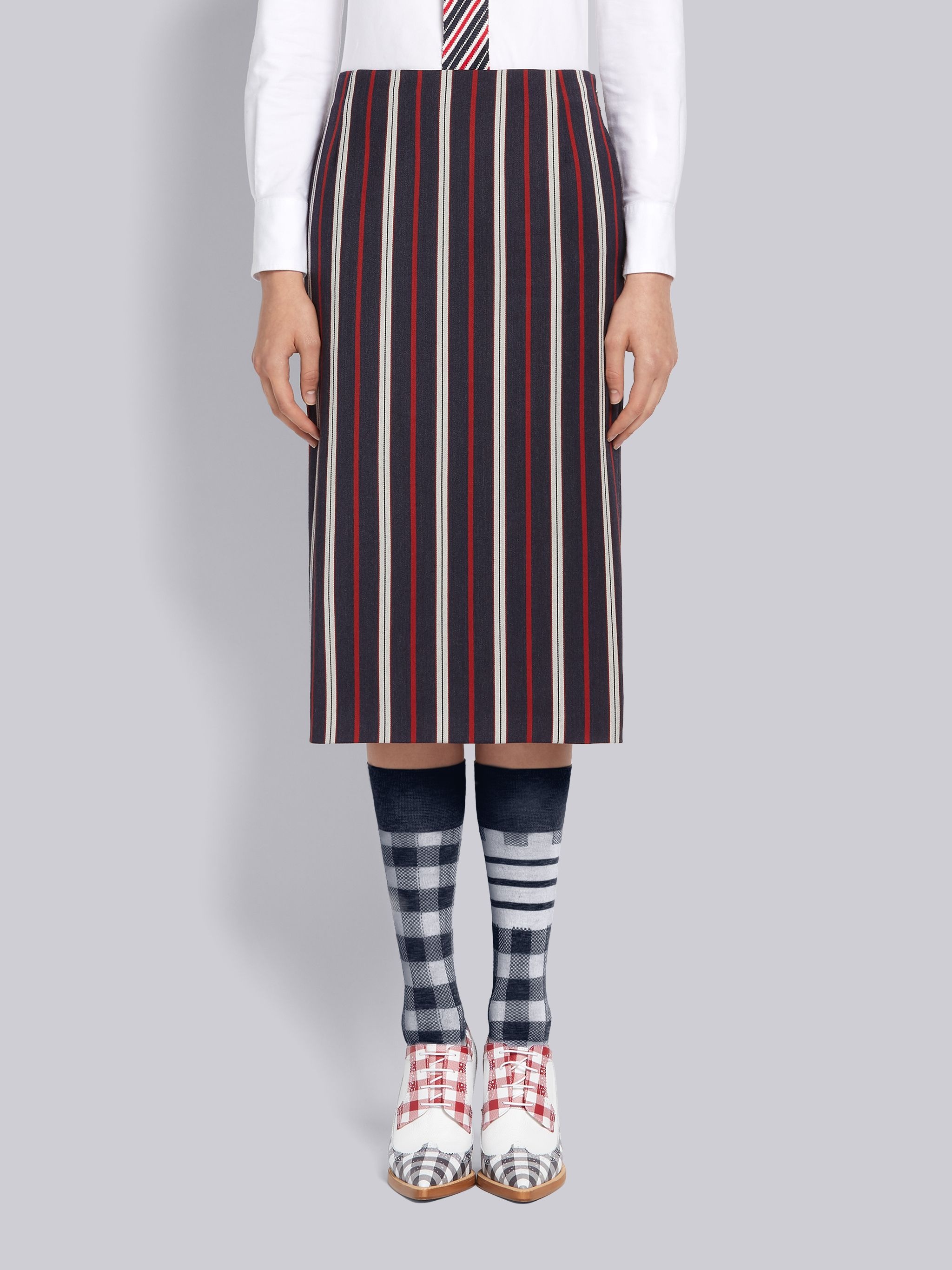 Multi-Color Wool Cotton Suiting Variegated Rep Stripe Knee Length Sheath Pencil Skirt - 1