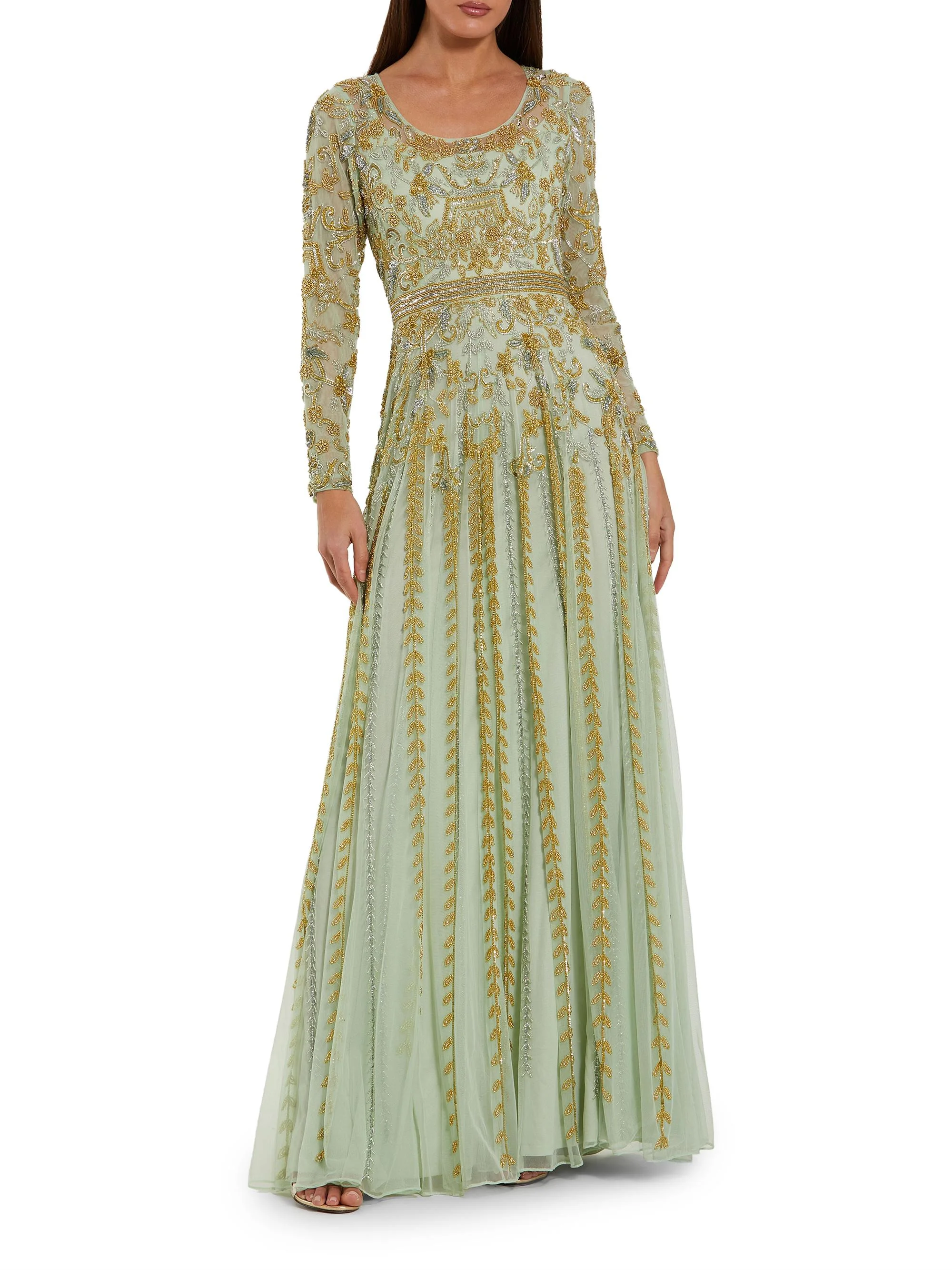 Women's Evening Beaded Mesh Gown - Light Sage - 1