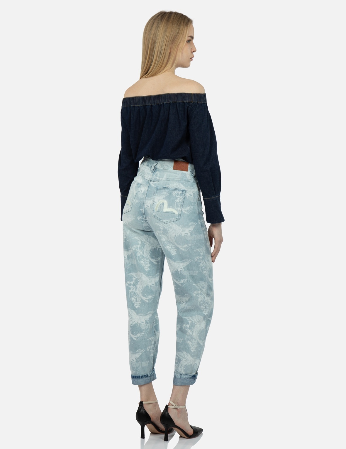 LASER-PRINT ALLOVER PEACOCK DENIM TAPER JEANS - 3