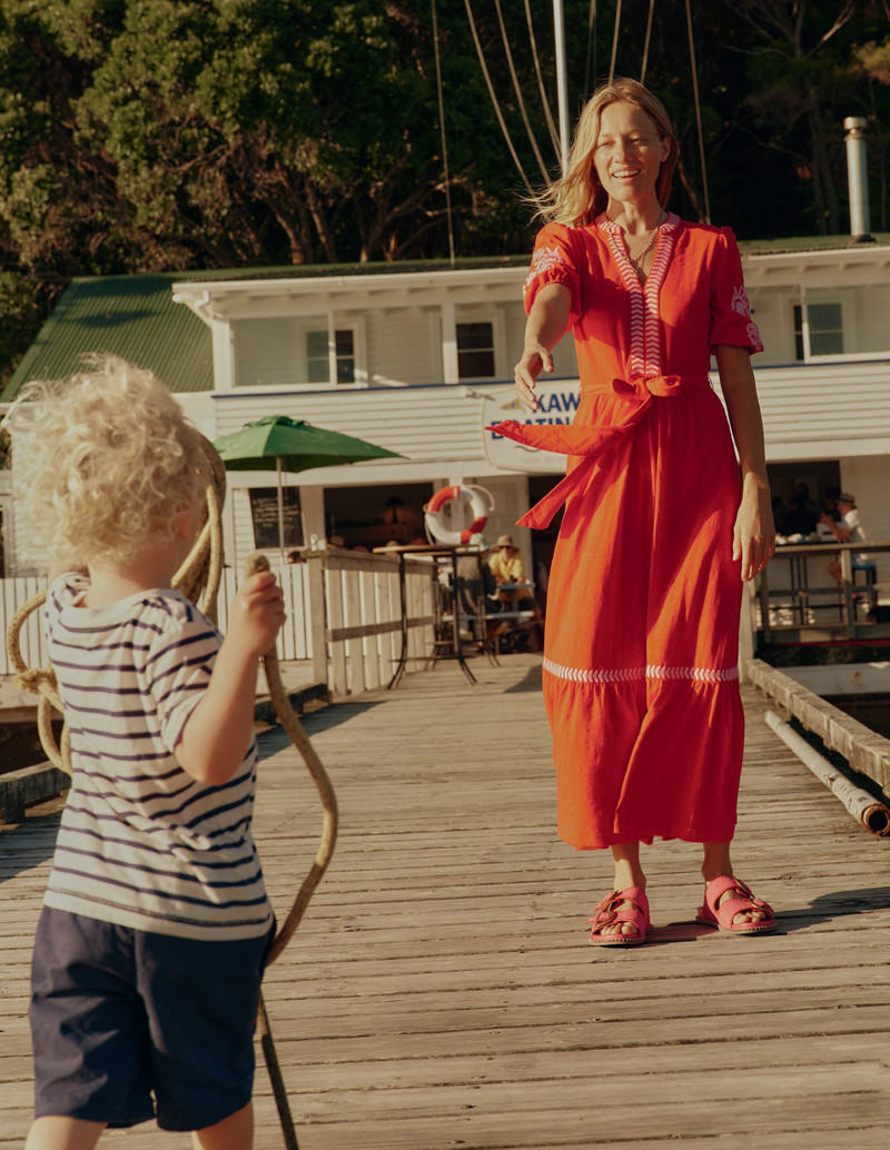 Amara Embroidered Jersey Dress-Poppy Red, Pink Peony 3