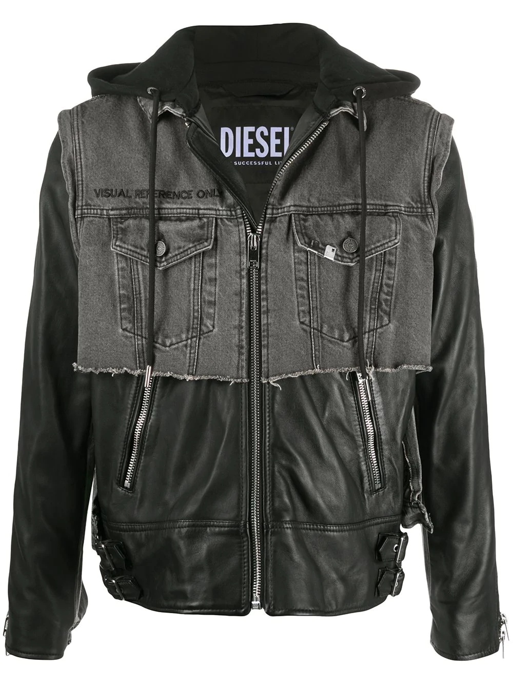 hooded leather and denim jacket - 1