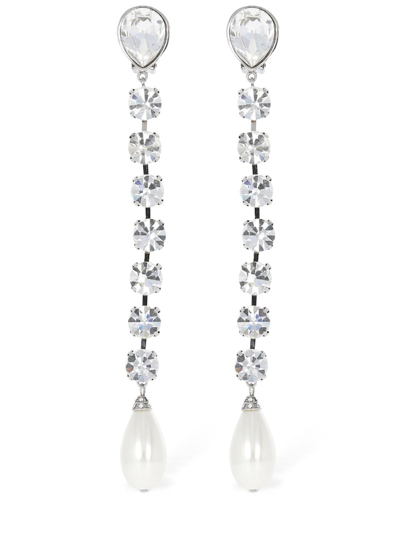 Crystal long earrings w/ faux pearl - 1