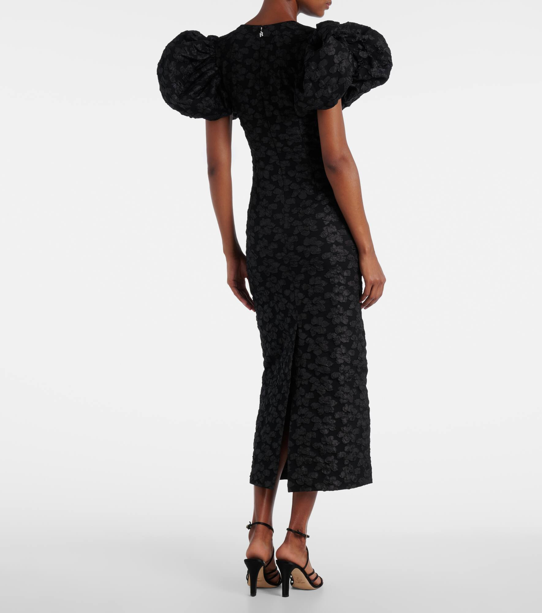 Floral jacquard puff-sleeve midi dress - 3