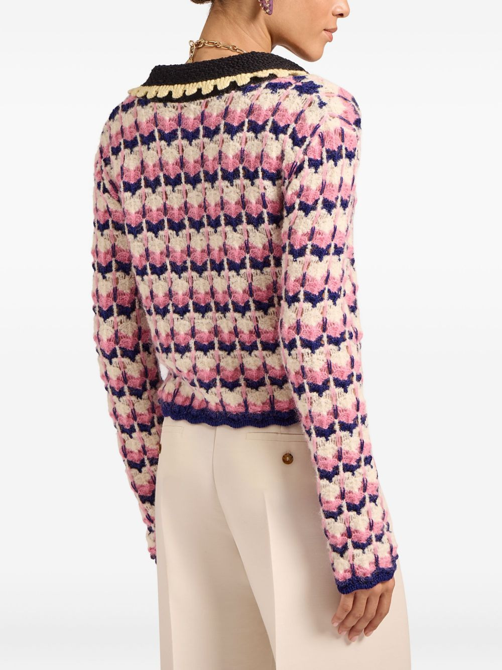 crochet-trimmed geometric-pattern sweater - 3