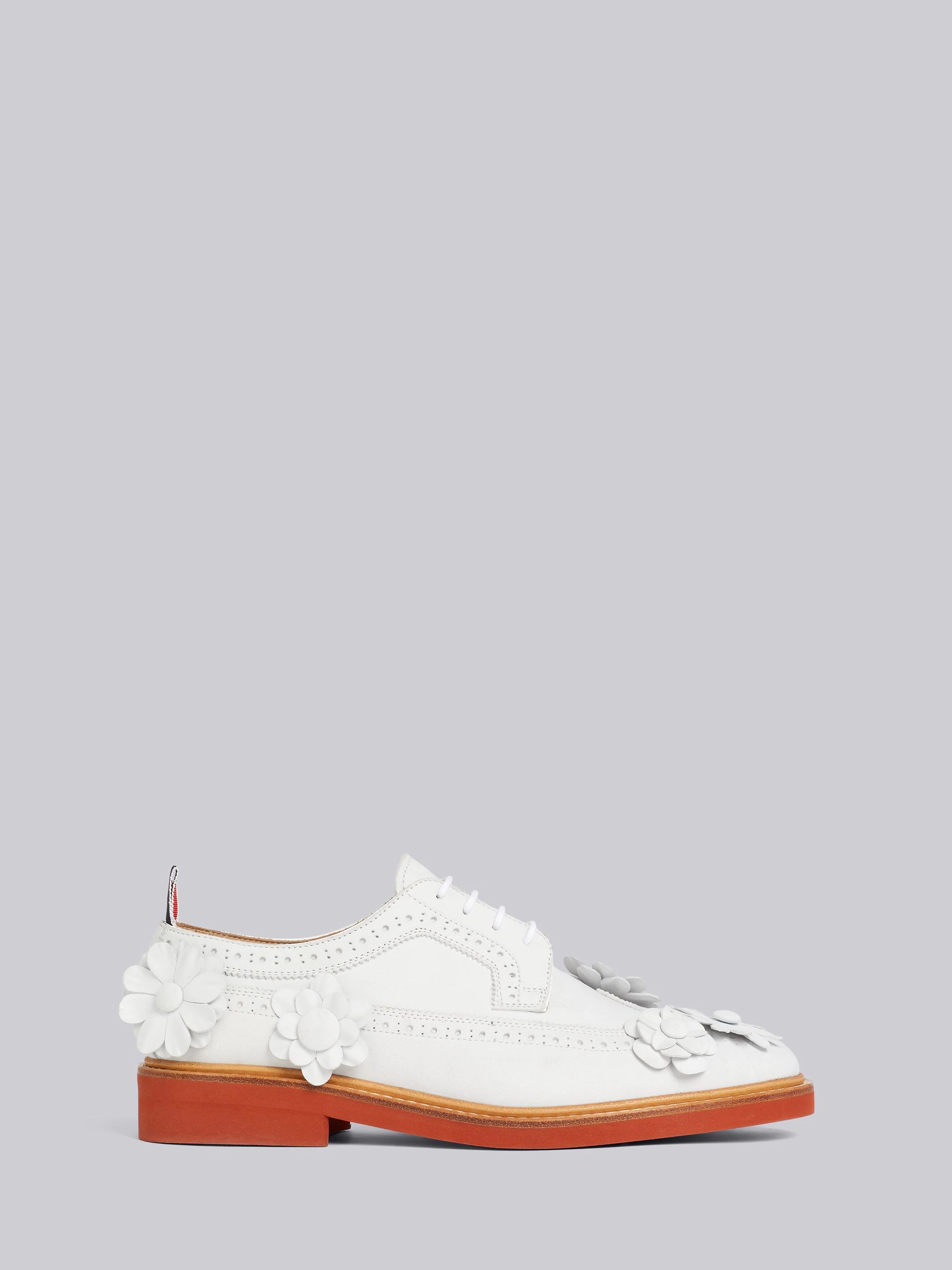 White Fine Kid Suede Floral Applique Micro Sole Longwing Brogue - 1
