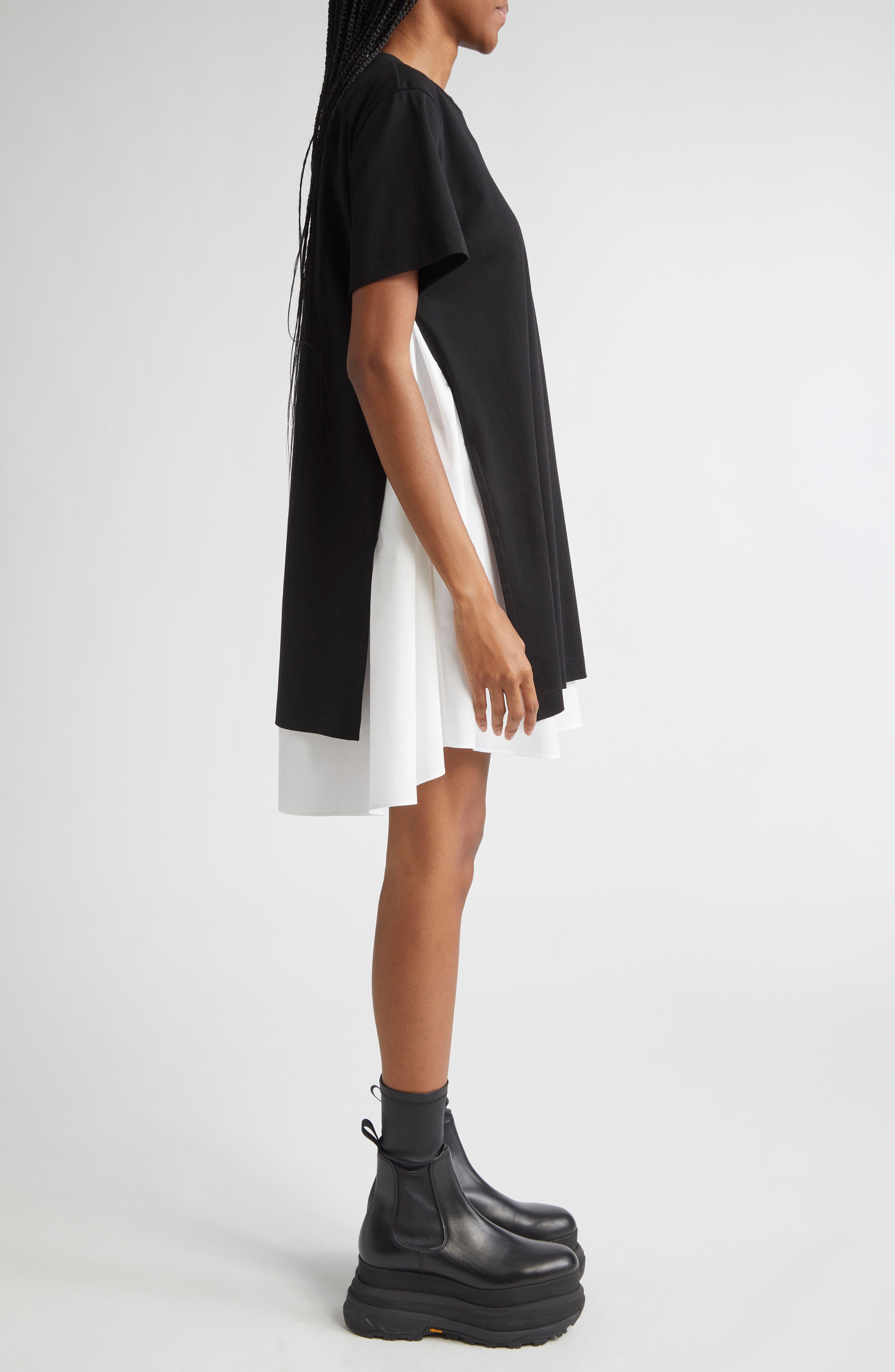 Sacai Mixed Media Poplin & Jersey Dress in Black/Off White at Nordstrom - 3