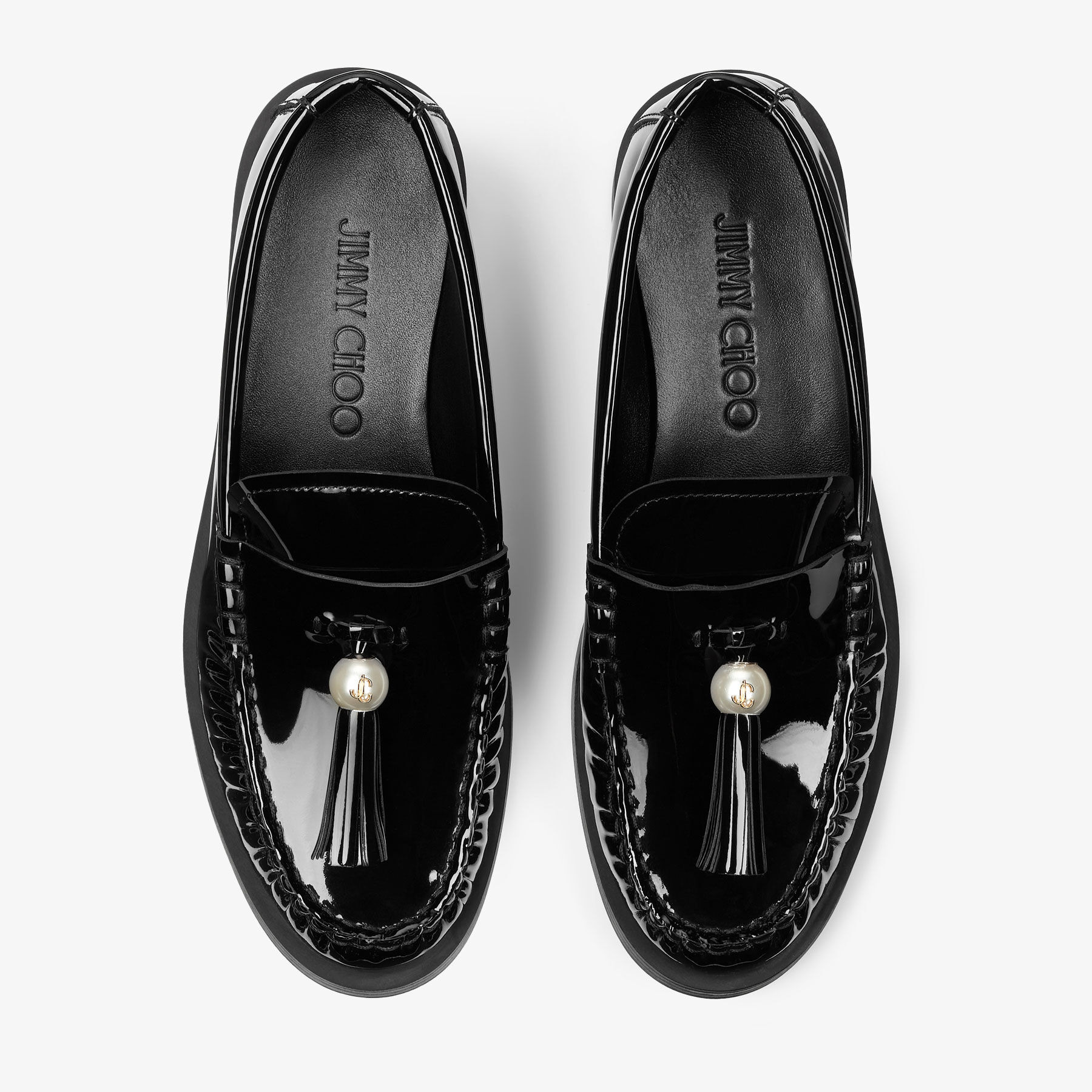 Addie/Pearl
Black Patent Leather Flat Loafers with Pearl Tassel - 4