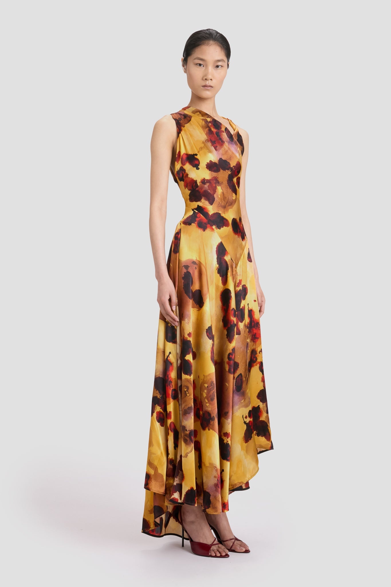 Sleeveless Draped Midi Dress In Amber Floral Print - 4