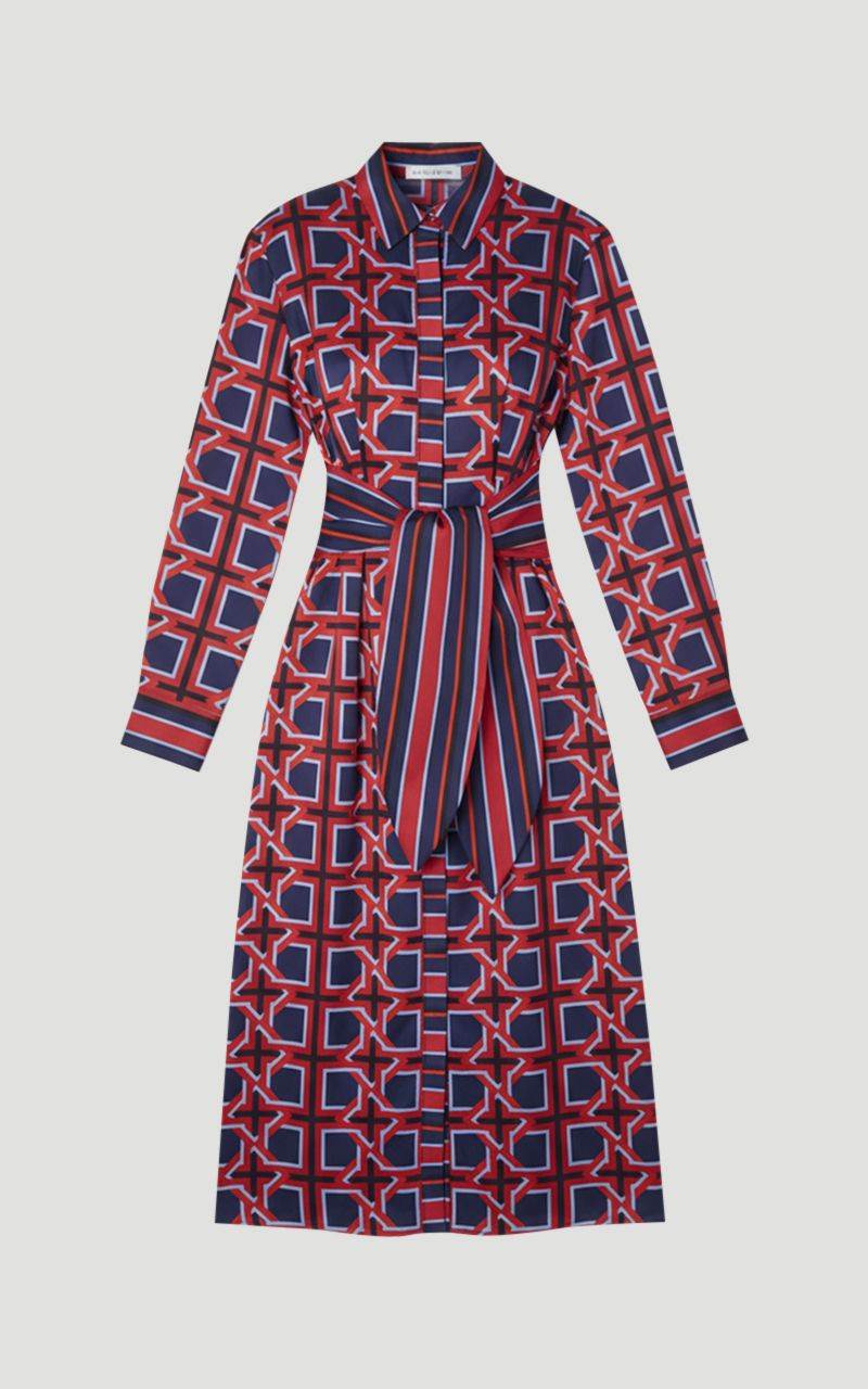 Geo Print Hammered Satin Tie Waist Woven Midi Dress 4