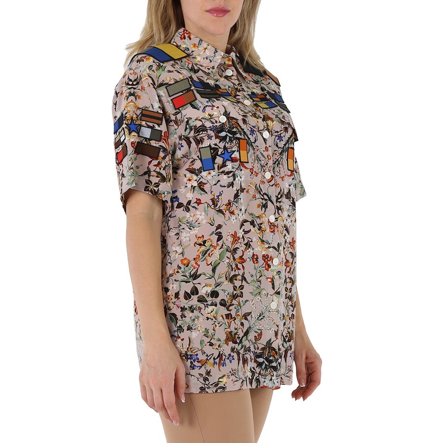 Burberry Badge Appliques Iris Floral-Print Silk Crepe De Chine Oversized Shirt - 4
