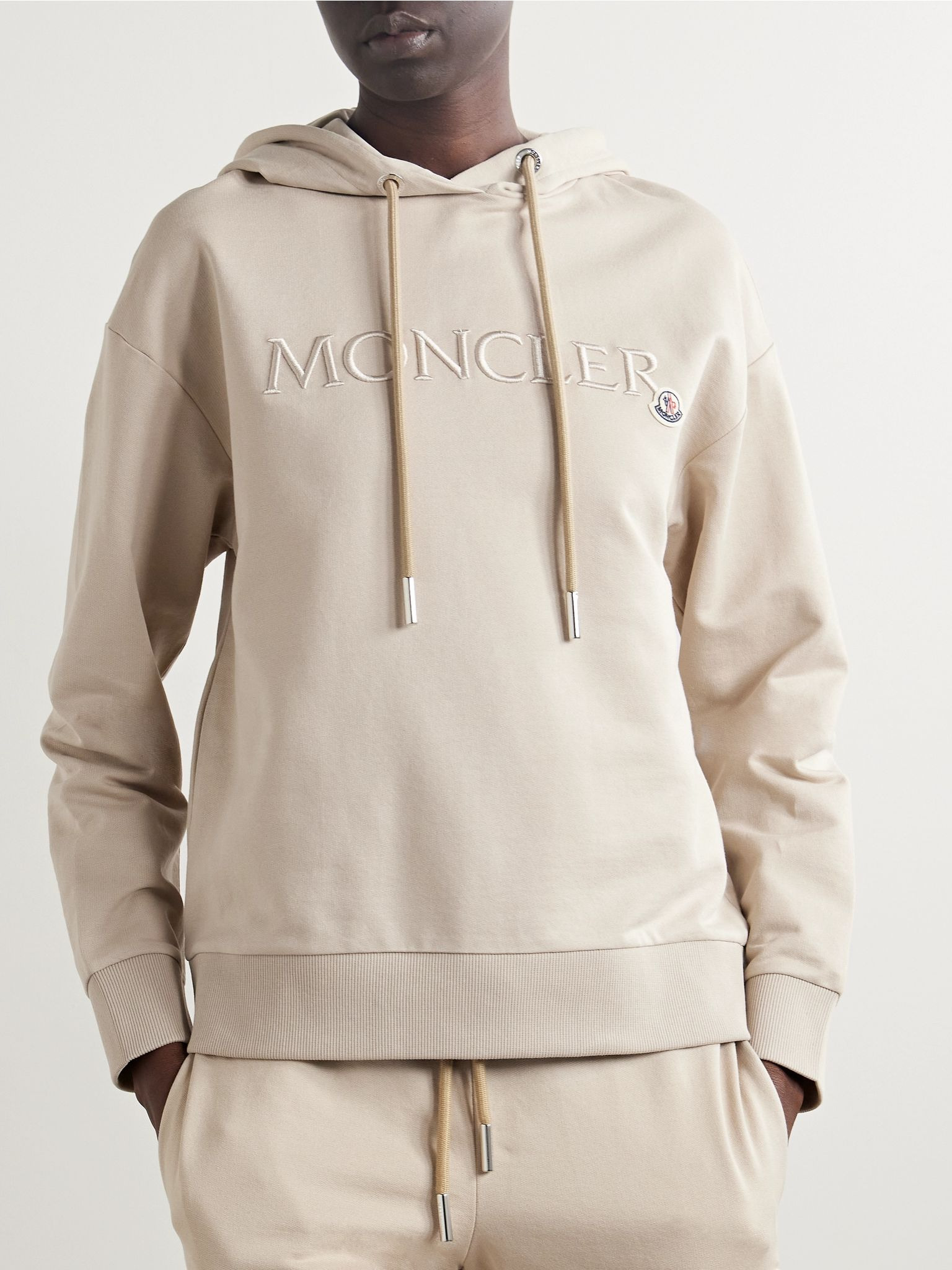 Embroidered cotton-jersey hoodie Beige - 3