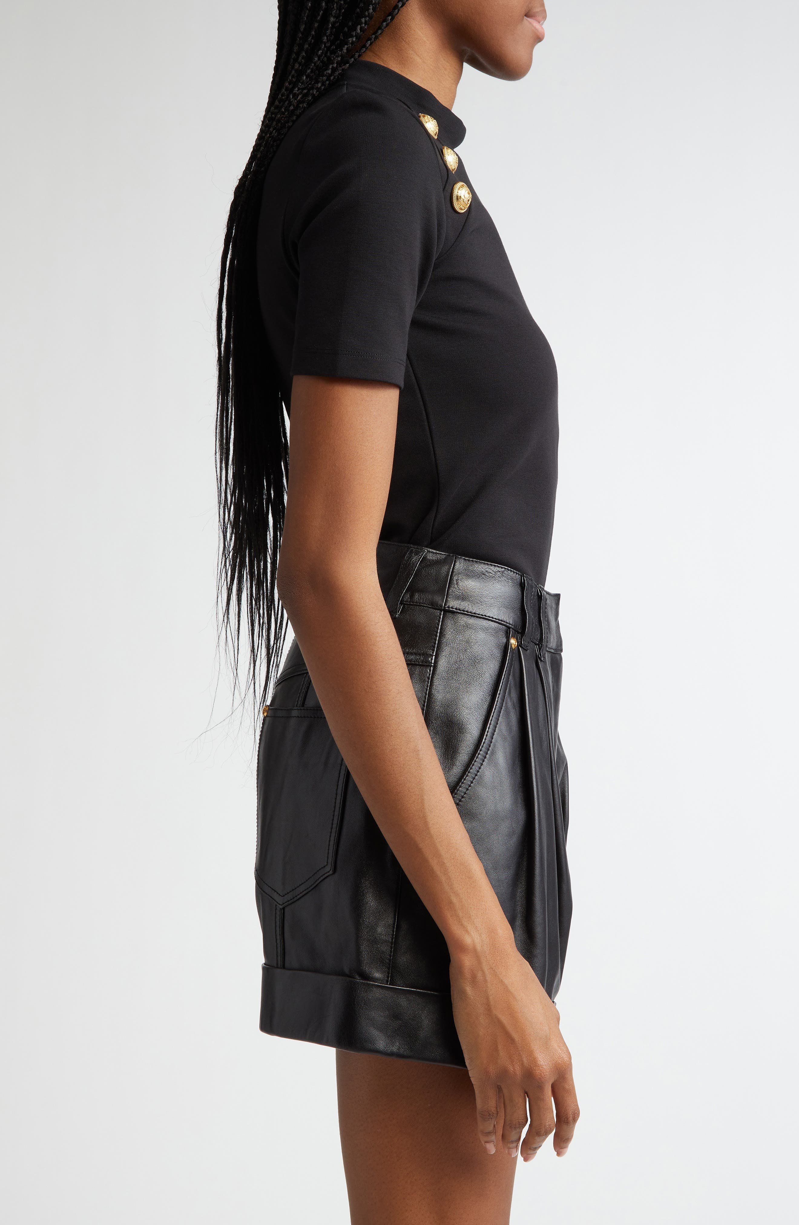 Balmain Six-Button Detail Mock Neck T-Shirt in 0Pa Black at Nordstrom - 3