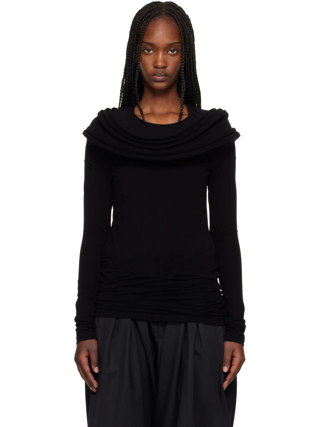 Black Nylon Stretch Jersey Drape T-shirt - 1