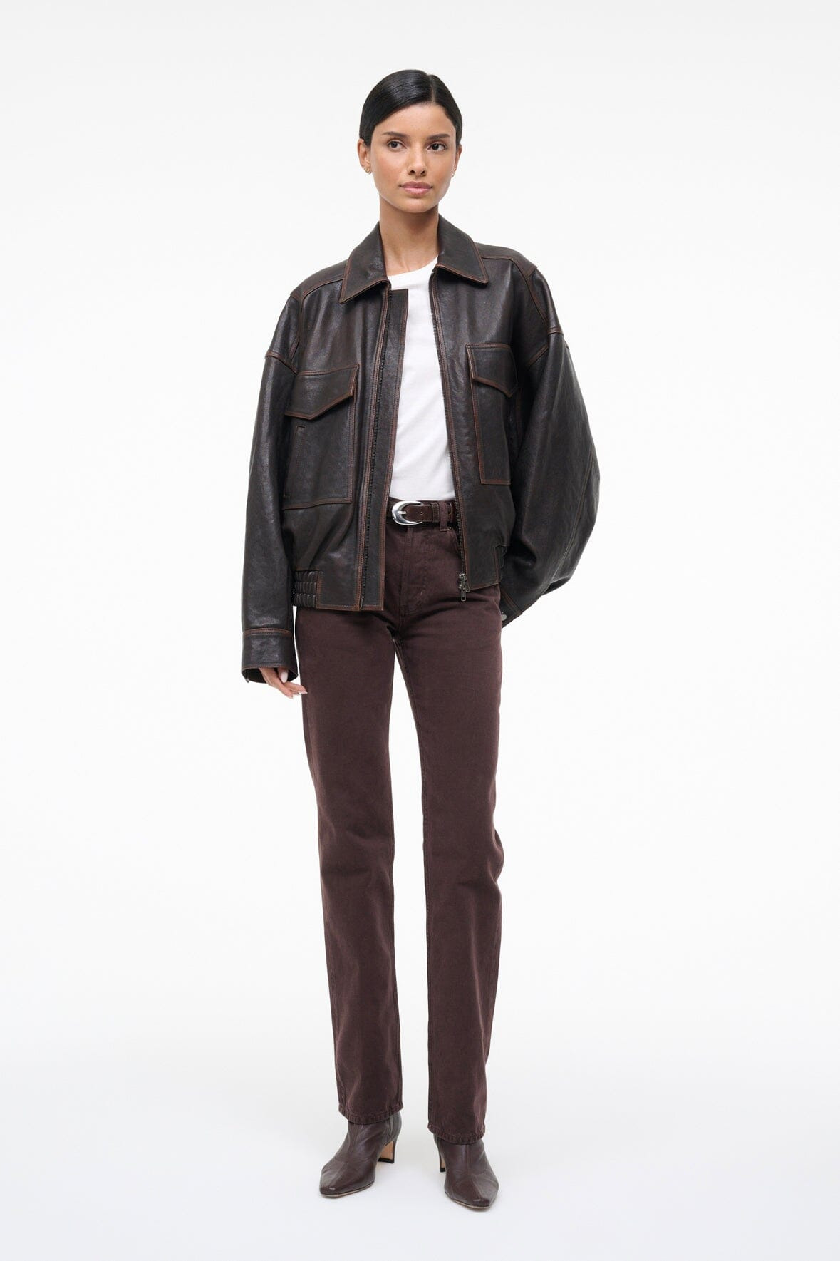 STAUD EUGENE LEATHER JACKET DISTRESSED BROWN - 2
