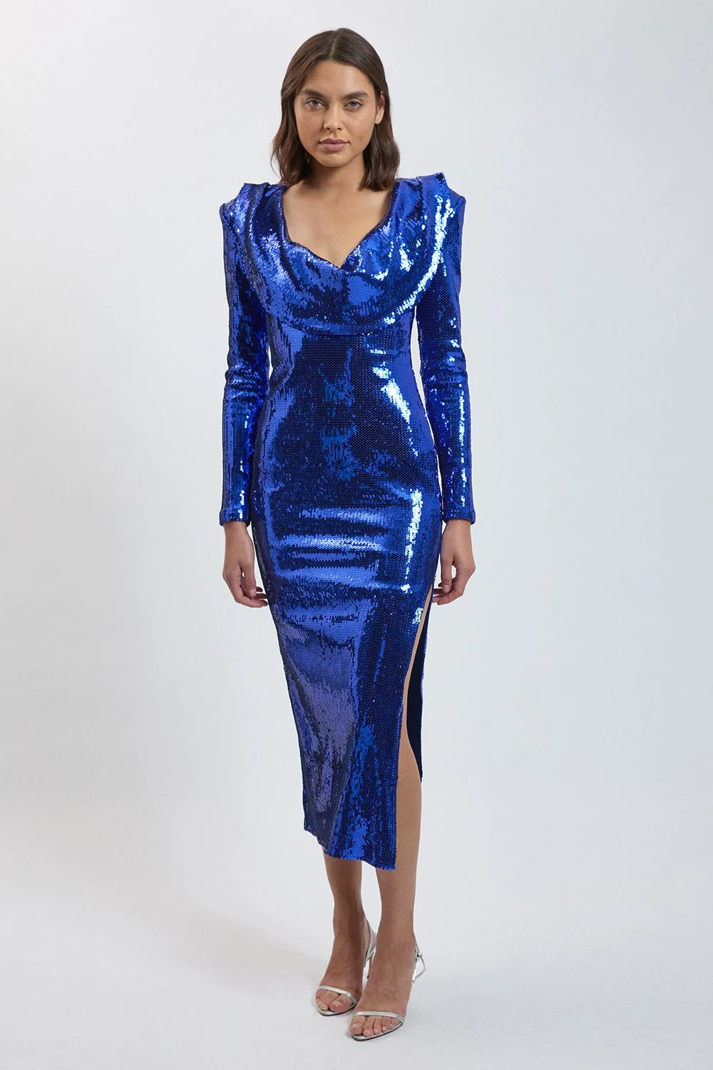 Sequin Plunge Cowl Neck Strong Shoulder Long Sleeve Midi Dress - 1