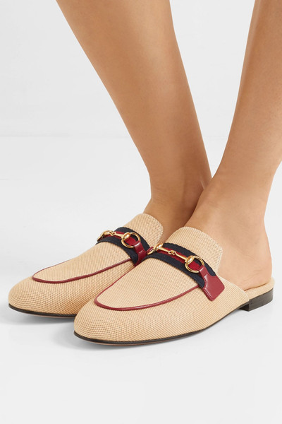 GUCCI Princetown horsebit-detailed leather-trimmed canvas slippers outlook