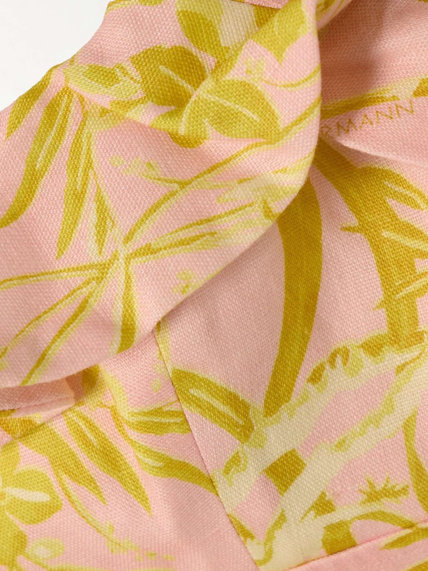 Golden bow-detailed open-back ruffled floral-print linen mini dress - 4