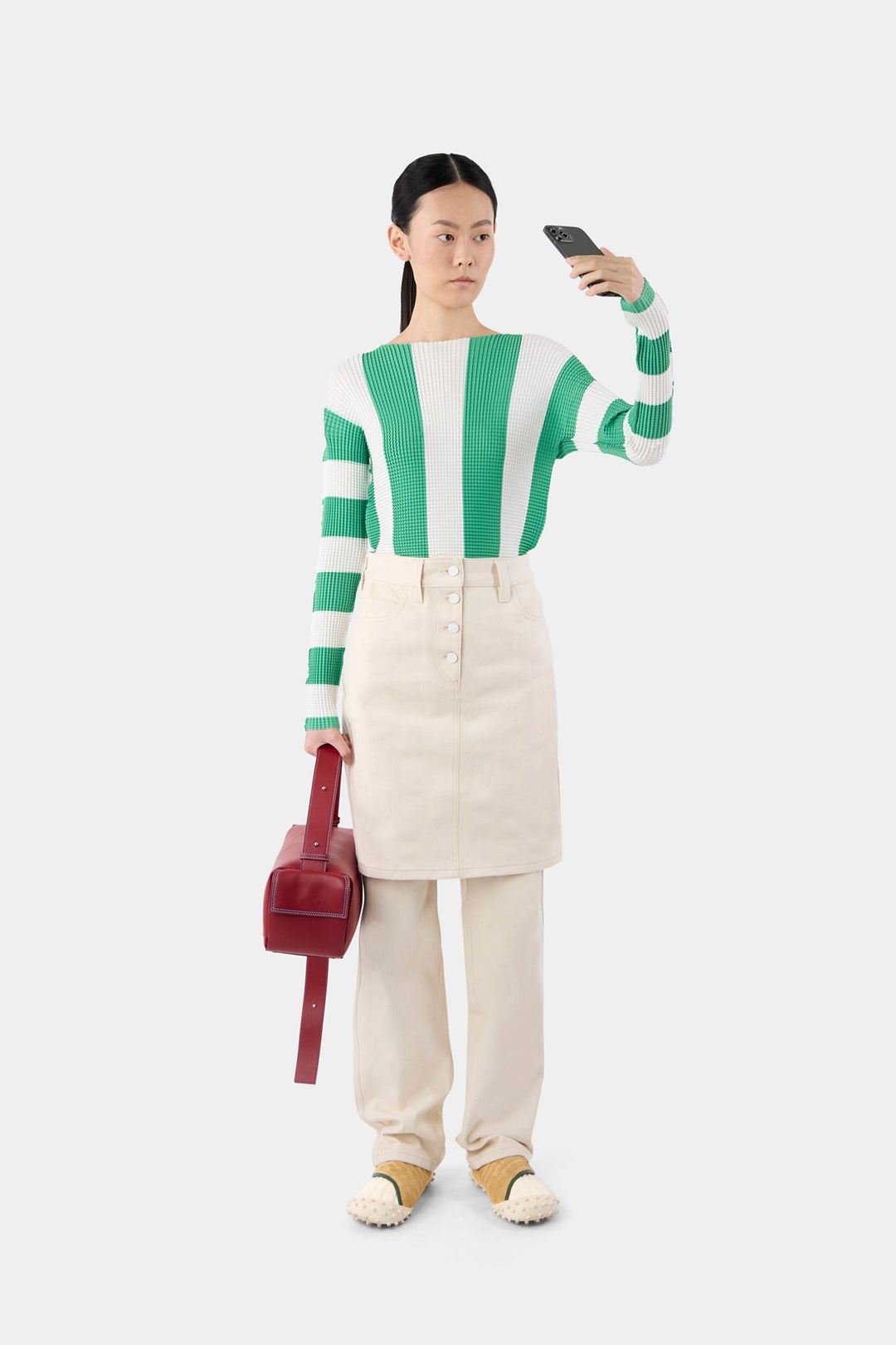 PLEATED LONGSLEEVE / cream & green stripes - 2
