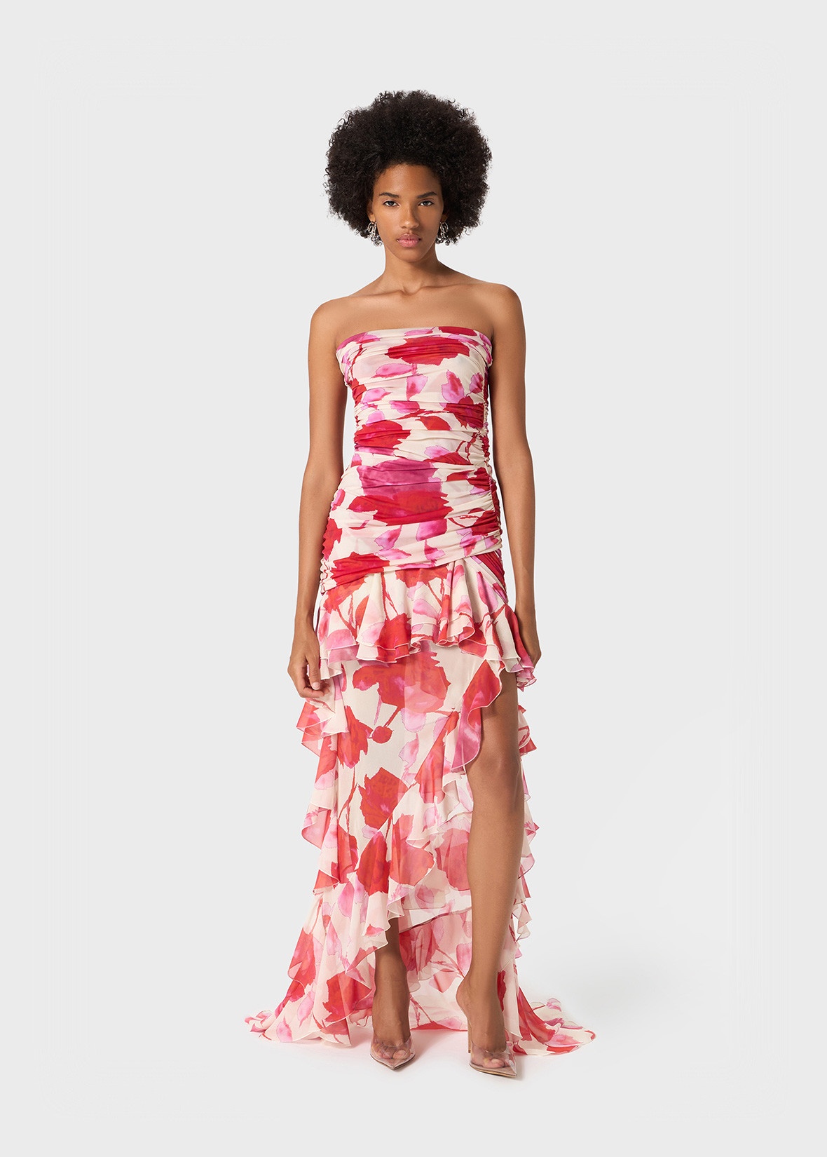 PRINTED JERSEY BUSTIER DRESS WITH CHIFFON FLOUNCES - 2